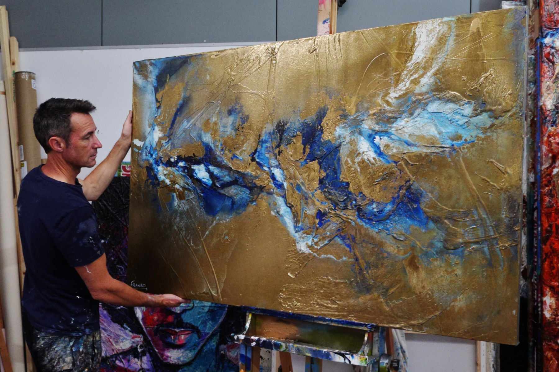 Metallic Sapphire 160cm x 100cm Gold Blue Textured Abstract Painting (SOLD)-Abstract-[Franko_Artist]-[The_Block]-[Dream_Homes]-[ideas]- [Grand_Designs]-Franklin Art Studio