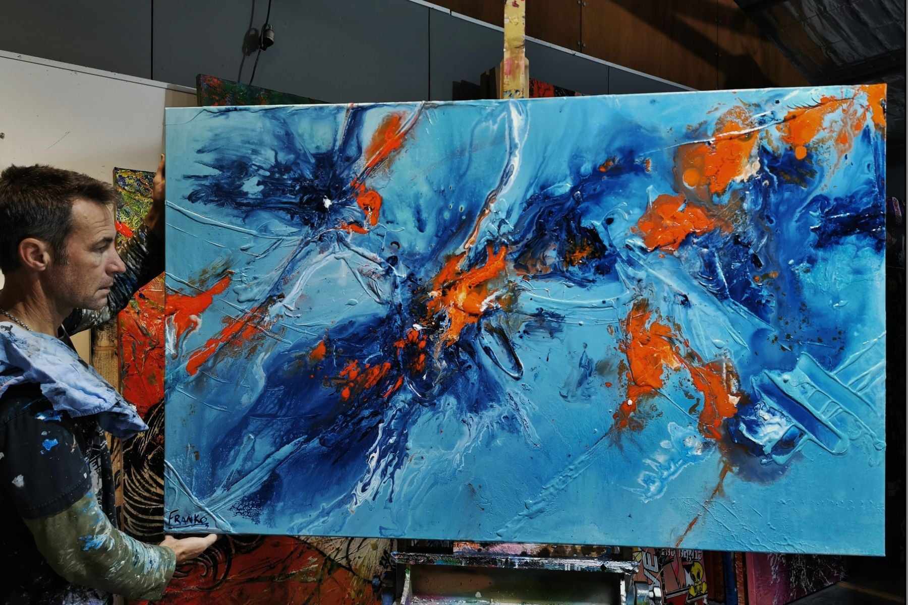 Midday Sunrise 160cm x 100cm Blue Orange Textured Abstract Painting (SOLD)-Abstract-[Franko_Artist]-[The_Block]-[Dream_Homes]-[ideas]- [Grand_Designs]-Franklin Art Studio