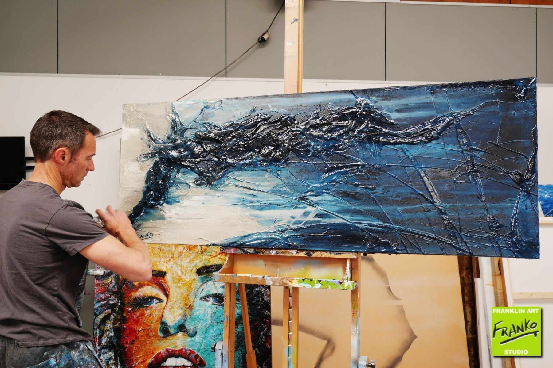 Midnight 160cm x 60cm Blue White Grey Textured Abstract Painting (SOLD)-Abstract-[Franko_Artist]-[The_Block]-[Dream_Homes]-[ideas]- [Grand_Designs]-Franklin Art Studio