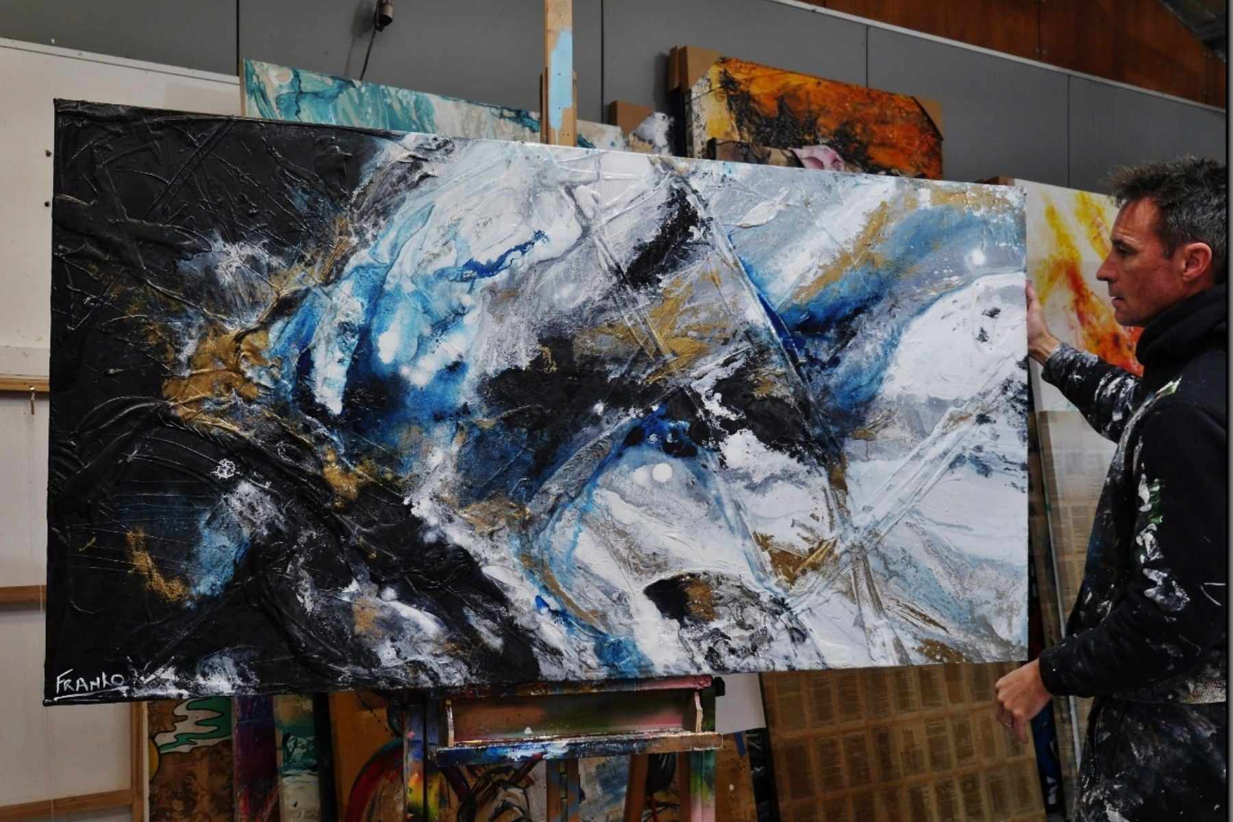 Midnight Atmosphere 190cm x 100cm Black White Blue Textured Abstract Painting (SOLD)-Abstract-[Franko_Artist]-[The_Block]-[Dream_Homes]-[ideas]- [Grand_Designs]-Franklin Art Studio