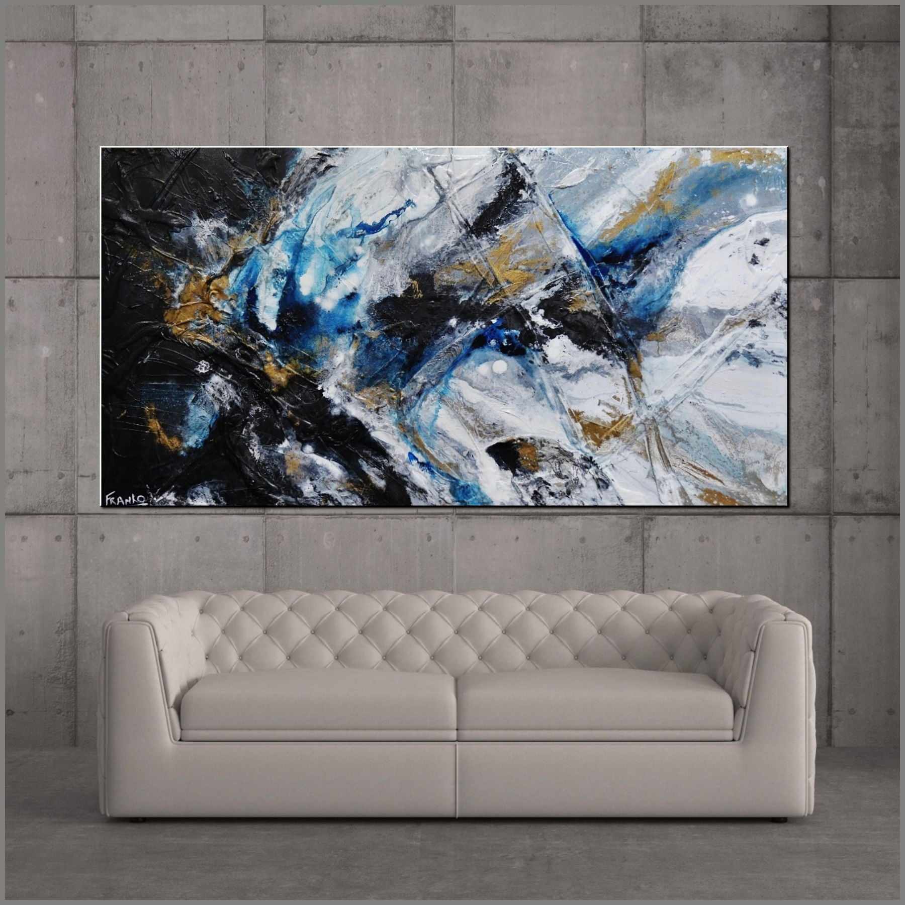 Midnight Atmosphere 190cm x 100cm Black White Blue Textured Abstract Painting (SOLD)-Abstract-[Franko_Artist]-[Australian_artist]-[Gold_Coast]-[Brisbane]-[modern]-[contemporary]-[original]-[Large_artwork]-[The_Block]-[Dream_Homes]-[ideas]-[Grand_Designs]-[Art_Lover]-Franklin Art Studio