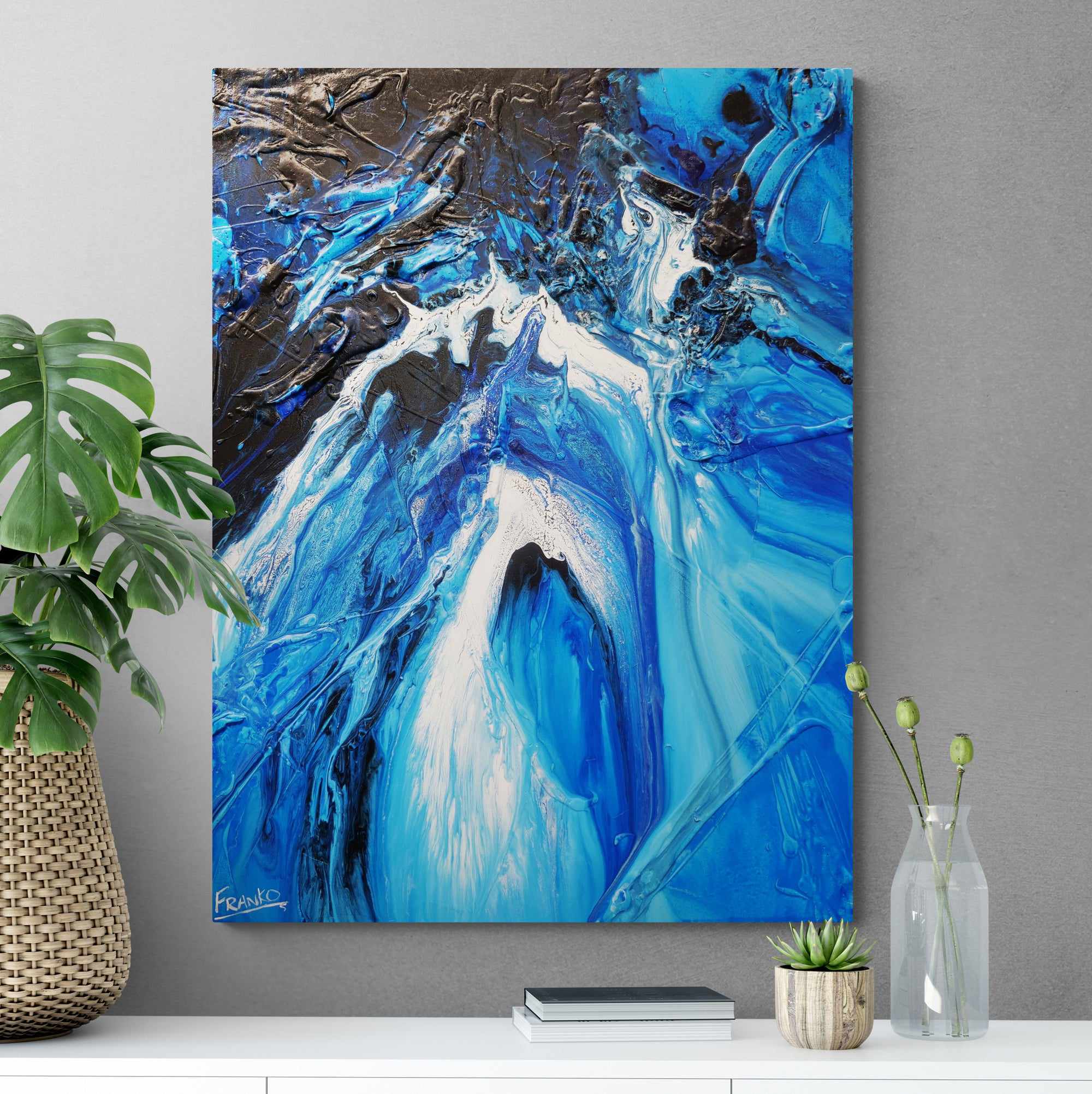 Midnight Blu 75cm x 100cm Blue White Textured Abstract Painting (SOLD)-Abstract-[Franko_Artist]-[The_Block]-[Dream_Homes]-[ideas]- [Grand_Designs]-Franklin Art Studio