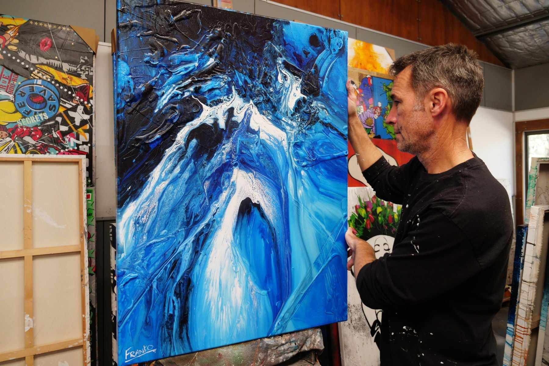 Midnight Blu 75cm x 100cm Blue White Textured Abstract Painting (SOLD)-Abstract-[Franko_Artist]-[The_Block]-[Dream_Homes]-[ideas]-[Grand_Designs]-[Art_Lover]-Franklin Art Studio