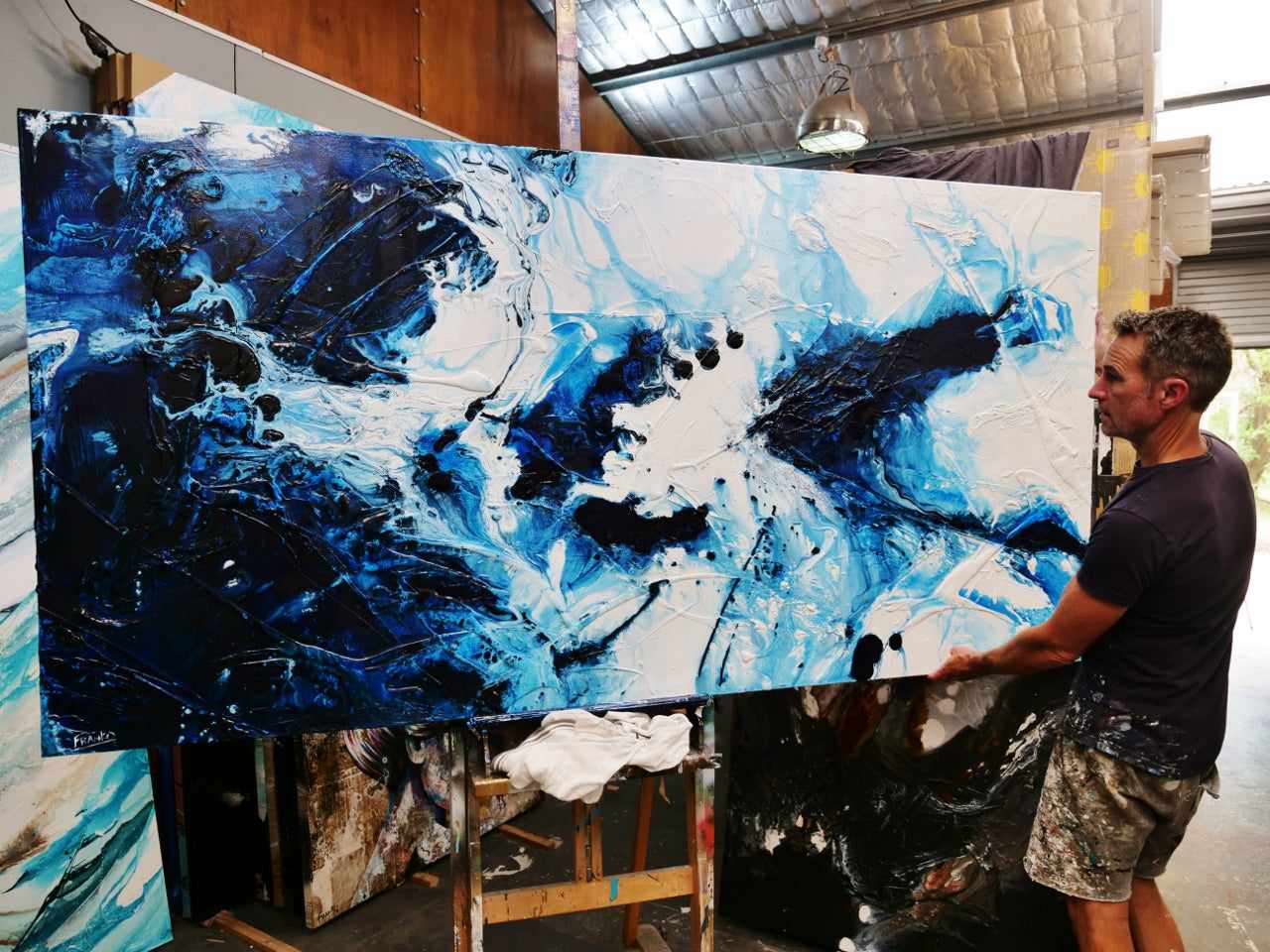 Midnight Candy 240cm x 120cm White Blue Textured Abstract Painting (SOLD)-Abstract-[Franko_Artist]-[The_Block]-[Dream_Homes]-[ideas]-[Grand_Designs]-[Art_Lover]-Franklin Art Studio