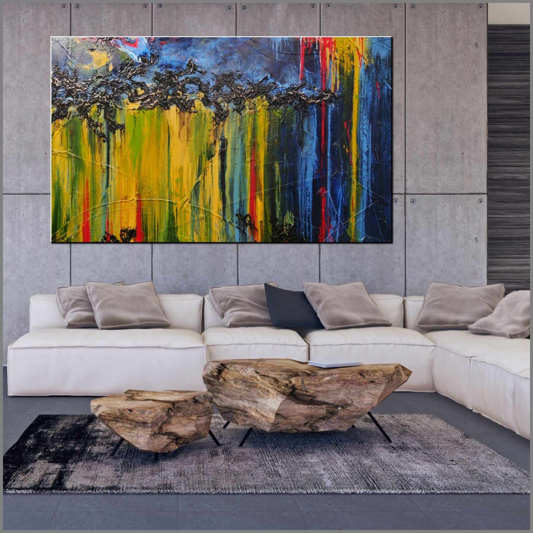 Midnight Falls 280cm x 170cm Blue Yellow Textured Abstract Painting (SOLD)-Abstract-[Franko_Artist]-[Australian_artist]-[Gold_Coast]-[Brisbane]-[modern]-[contemporary]-[original]-[Large_artwork]-[The_Block]-[Dream_Homes]-[ideas]-[Grand_Designs]-[Art_Lover]-Franklin Art Studio