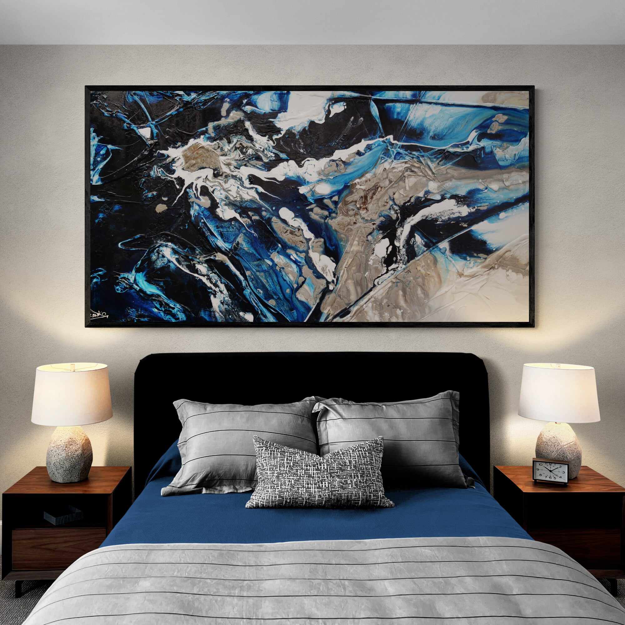 Midnight Flow 190cm x 100cm Black Blue Grey Textured Abstract Painting (SOLD)-Abstract-[Franko_Artist]-[The_Block]-[Dream_Homes]-[ideas]- [Grand_Designs]-Franklin Art Studio