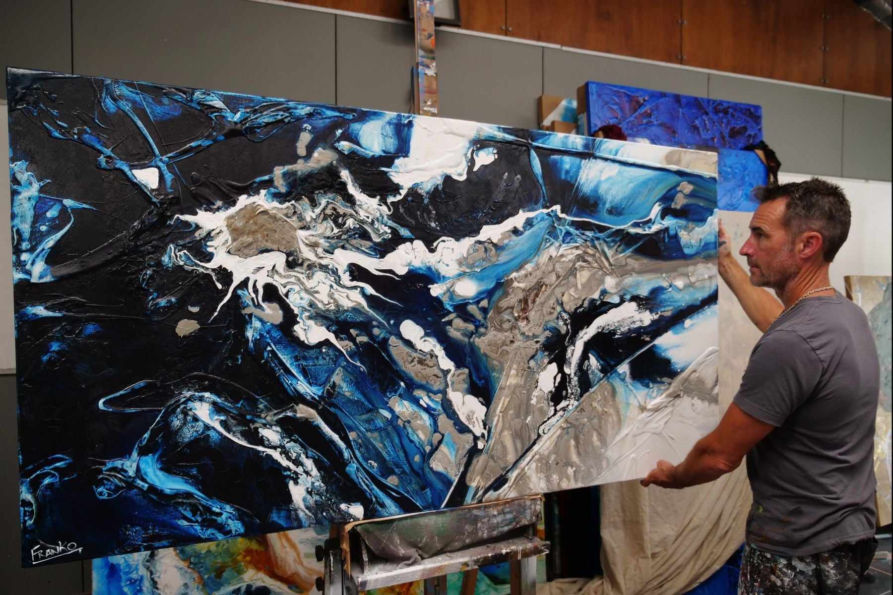 Midnight Flow 190cm x 100cm Black Blue Grey Textured Abstract Painting (SOLD)-Abstract-[Franko_Artist]-[The_Block]-[Dream_Homes]-[ideas]-[Grand_Designs]-[Art_Lover]-Franklin Art Studio