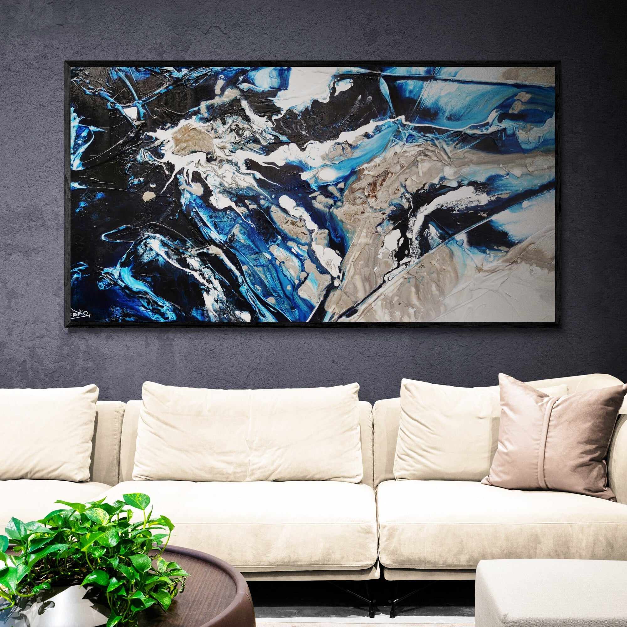 Midnight Flow 190cm x 100cm Black Blue Grey Textured Abstract Painting (SOLD)-Abstract-[Franko_Artist]-[Australian_artist]-[Gold_Coast]-[Brisbane]-[modern]-[contemporary]-[original]-[Large_artwork]-[The_Block]-[Dream_Homes]-[ideas]-[Grand_Designs]-[Art_Lover]-Franklin Art Studio