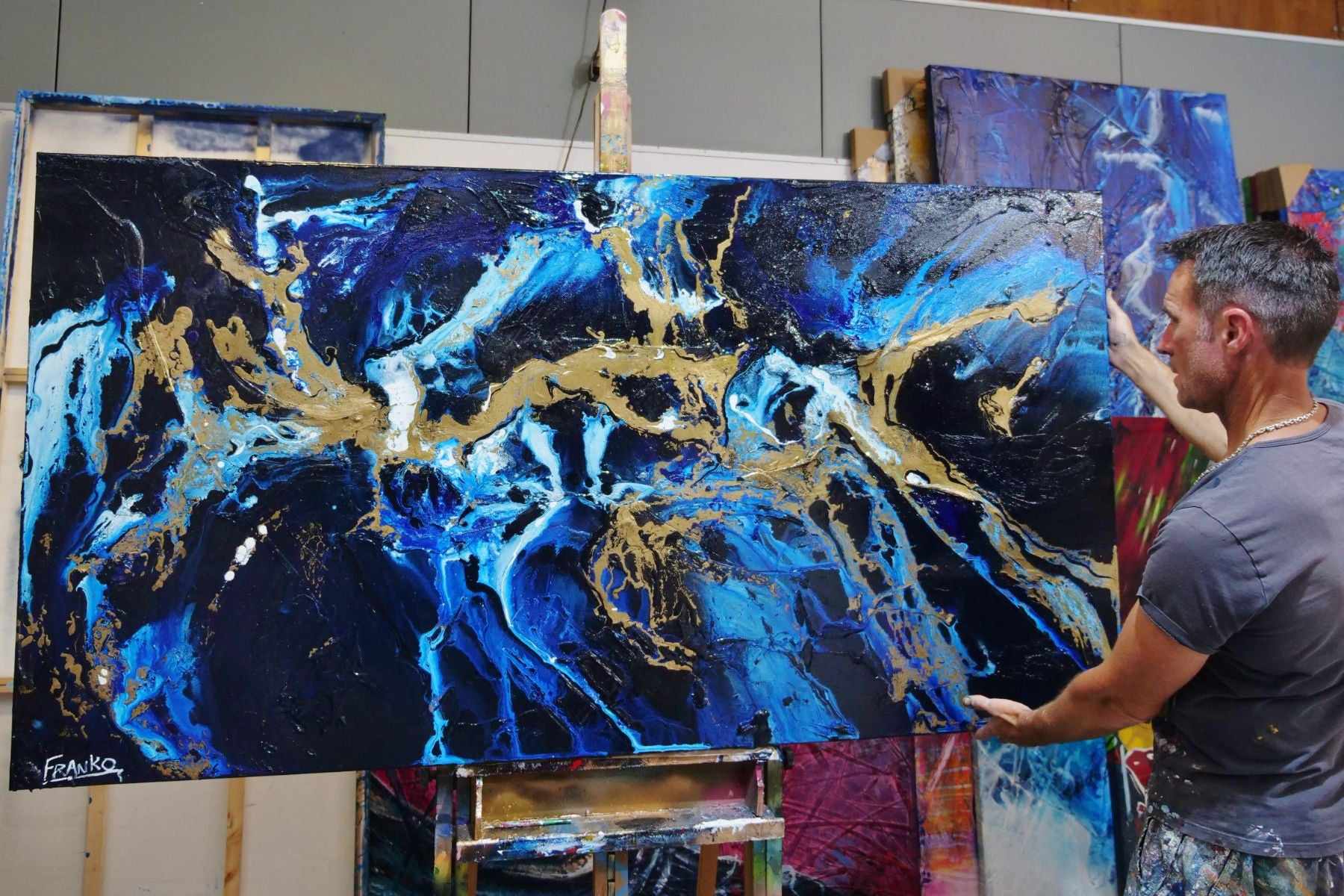 Midnight Gold Rush 190cm x 100cm Blue Gold Textured Abstract Painting (SOLD)-Abstract-[Franko_Artist]-[The_Block]-[Dream_Homes]-[ideas]- [Grand_Designs]-Franklin Art Studio