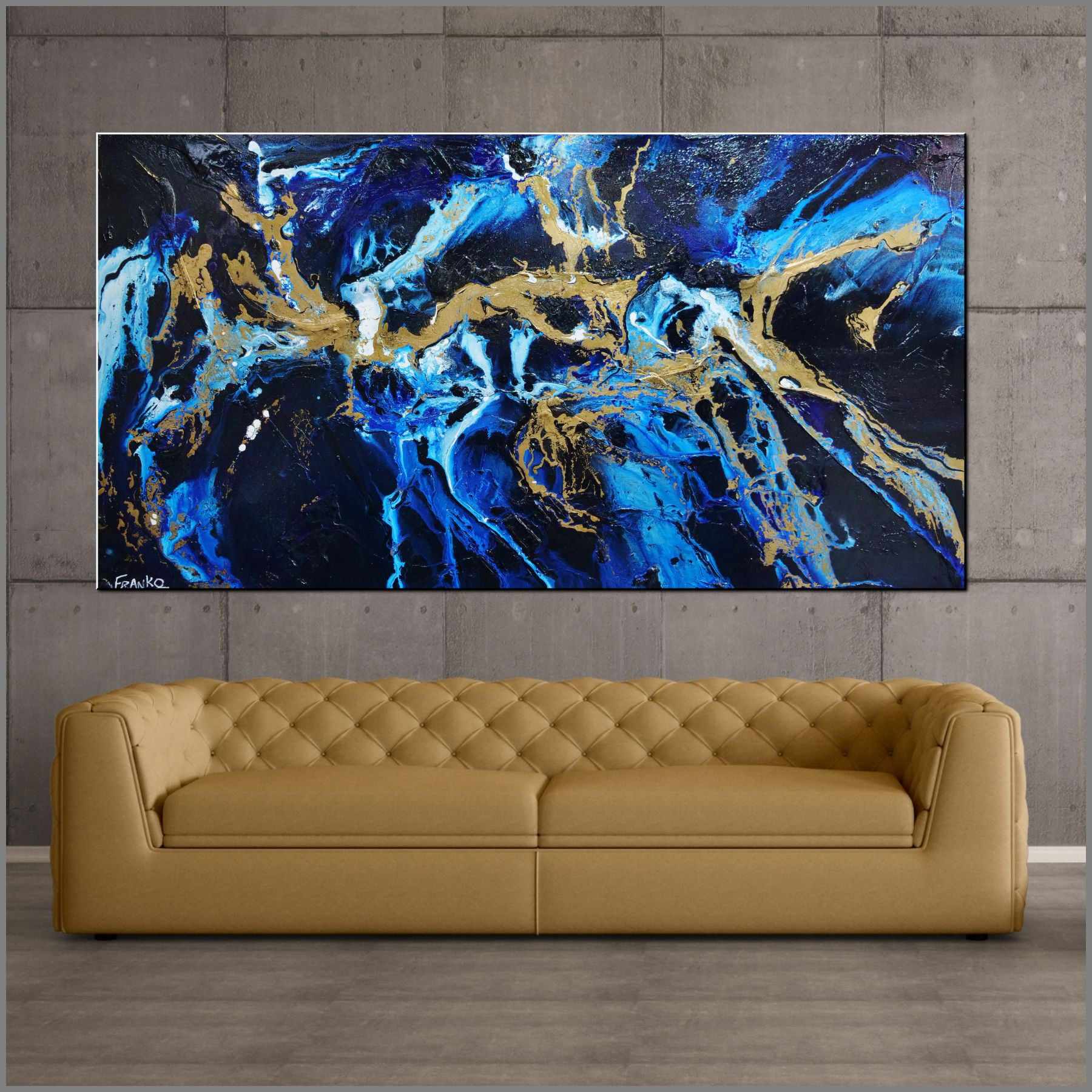 Midnight Gold Rush 190cm x 100cm Blue Gold Textured Abstract Painting (SOLD)-Abstract-[Franko_Artist]-[Australian_artist]-[Gold_Coast]-[Brisbane]-[modern]-[contemporary]-[original]-[Large_artwork]-[The_Block]-[Dream_Homes]-[ideas]-[Grand_Designs]-[Art_Lover]-Franklin Art Studio