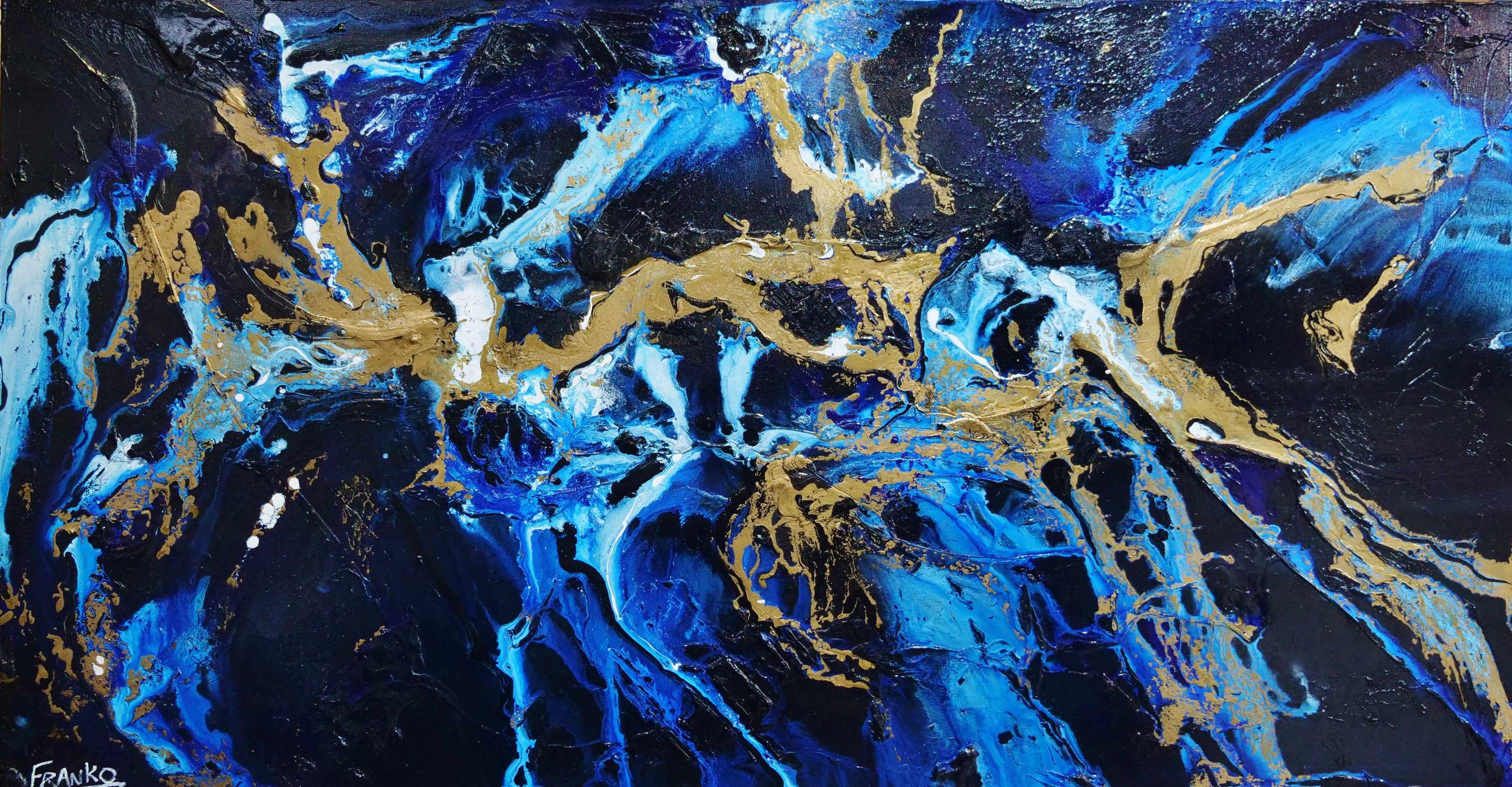 Midnight Gold Rush 190cm x 100cm Blue Gold Textured Abstract Painting (SOLD)-Abstract-[Franko_Artist]-[Australian_artist]-[Gold_Coast]-[Brisbane]-[modern]-[contemporary]-[original]-[Large_artwork]-Franklin Art Studio
