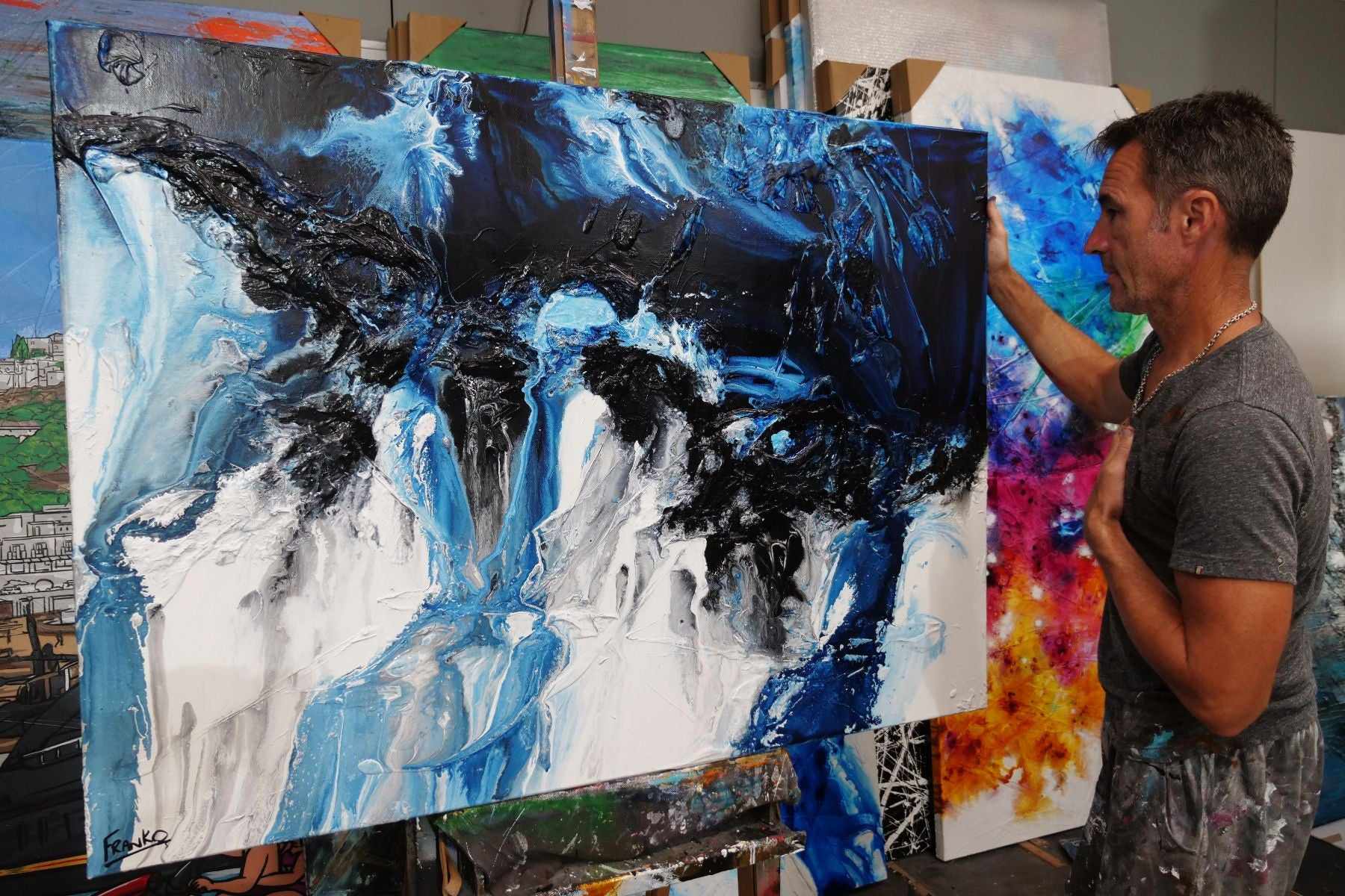 Midnight Granite 140cm x 100cm Black Blue White Textured Abstract Painting (SOLD)-Abstract-[Franko_Artist]-[The_Block]-[Dream_Homes]-[ideas]- [Grand_Designs]-Franklin Art Studio