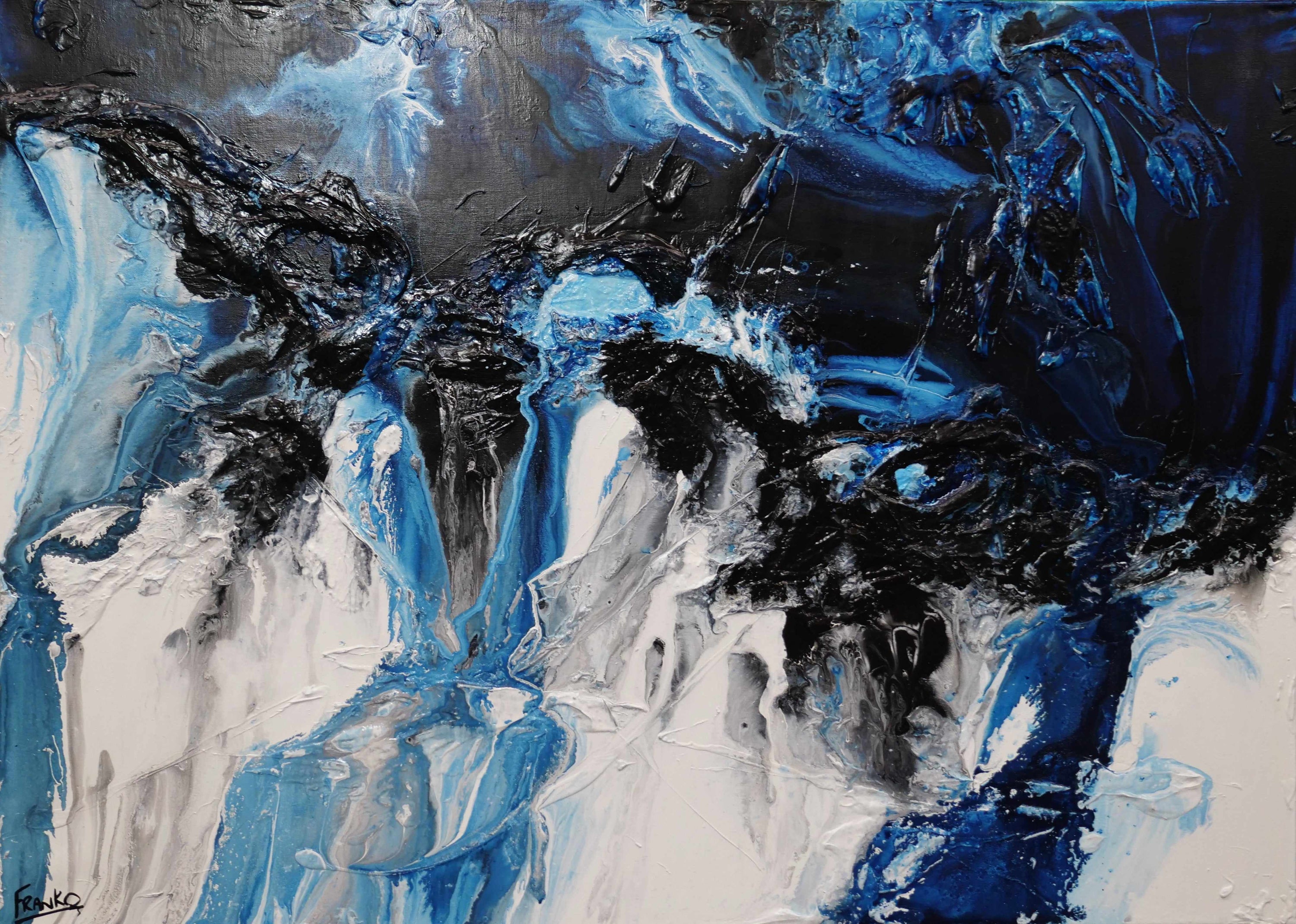 Midnight Granite 140cm x 100cm Black Blue White Textured Abstract Painting (SOLD)-Abstract-[Franko_Artist]-[Australian_artist]-[Gold_Coast]-[Brisbane]-[modern]-[contemporary]-[original]-[Large_artwork]-Franklin Art Studio