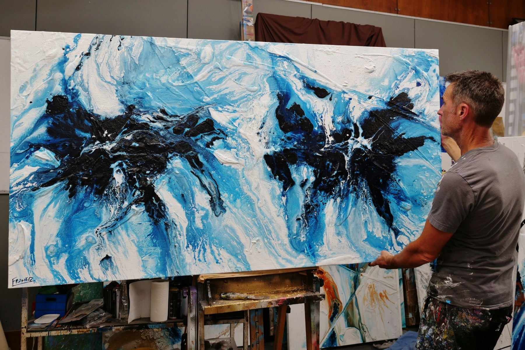 Midnight Ice 190cm x 100cm Blue White Textured Abstract Painting (SOLD)-Abstract-[Franko_Artist]-[The_Block]-[Dream_Homes]-[ideas]- [Grand_Designs]-Franklin Art Studio