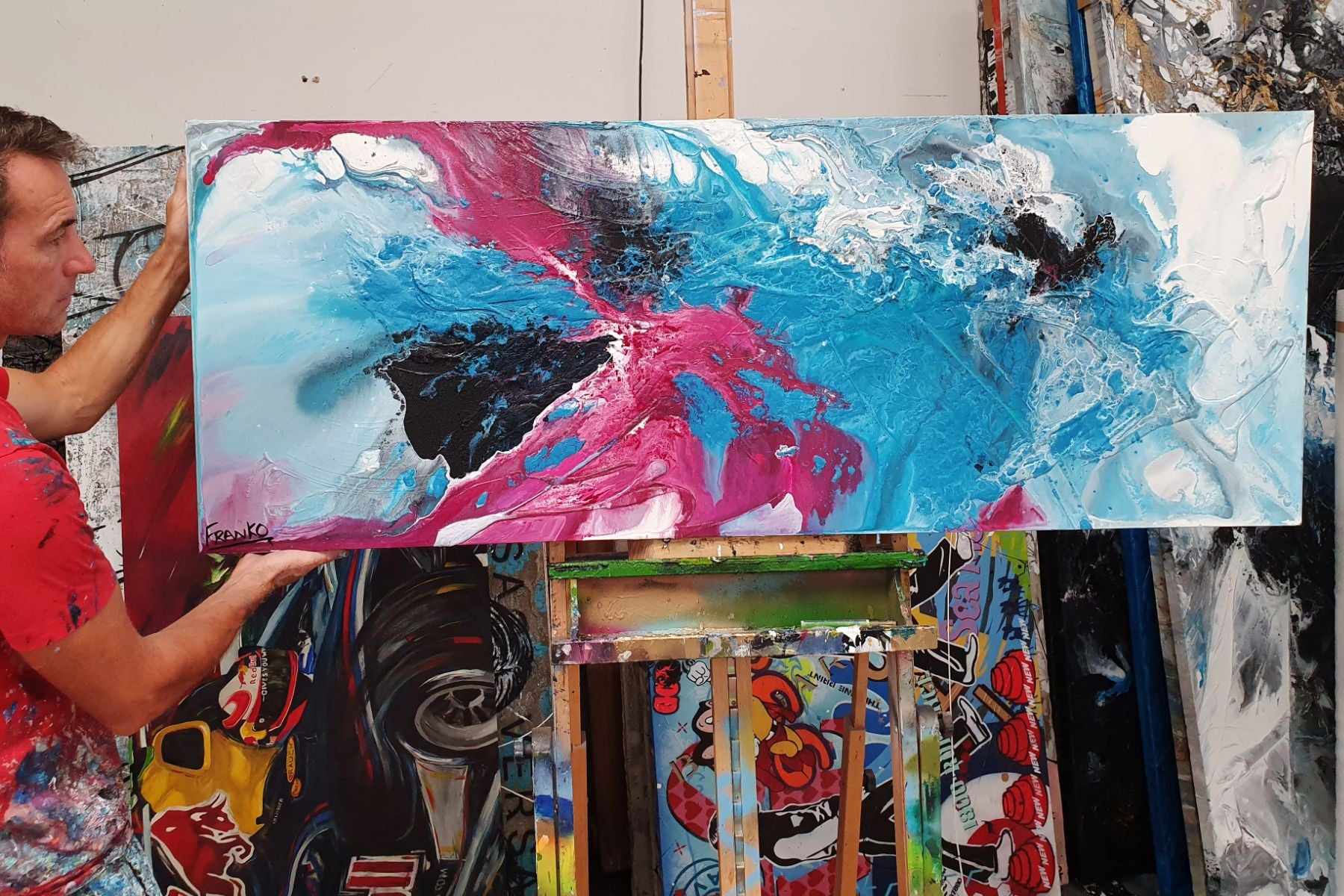 Midnight Magenta 160cm x 60cm Magenta Turquoise Black White Textured Abstract Painting (SOLD)-Abstract-[Franko_Artist]-[The_Block]-[Dream_Homes]-[ideas]- [Grand_Designs]-Franklin Art Studio