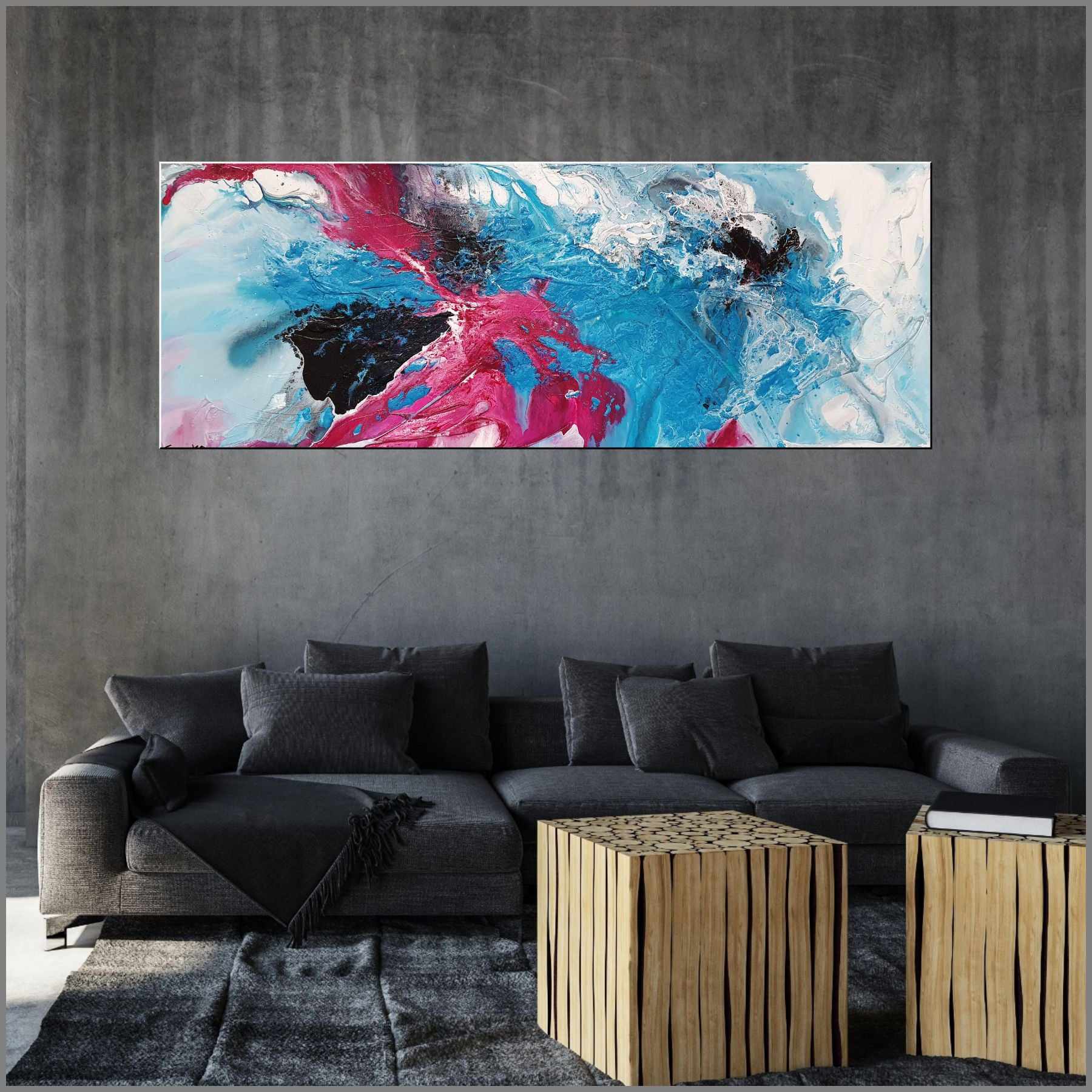Midnight Magenta 160cm x 60cm Magenta Turquoise Black White Textured Abstract Painting (SOLD)-Abstract-[Franko_Artist]-[Australian_artist]-[Gold_Coast]-[Brisbane]-[modern]-[contemporary]-[original]-[Large_artwork]-[The_Block]-[Dream_Homes]-[ideas]-[Grand_Designs]-[Art_Lover]-Franklin Art Studio