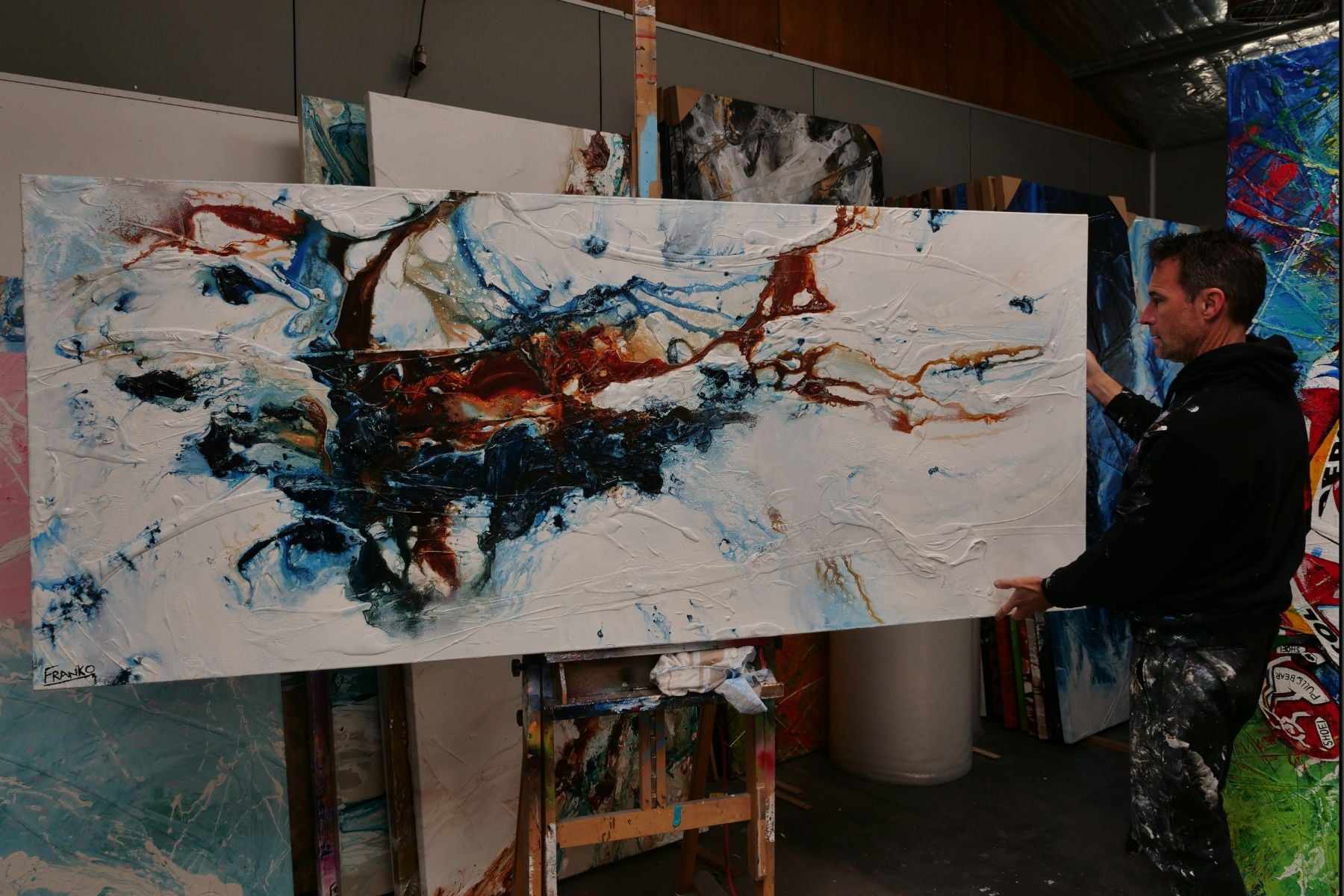 Midnight Oxide 240cm x 100cm Blue Rust Textured Abstract Painting (SOLD)-Abstract-[Franko_Artist]-[The_Block]-[Dream_Homes]-[ideas]-[Grand_Designs]-[Art_Lover]-Franklin Art Studio