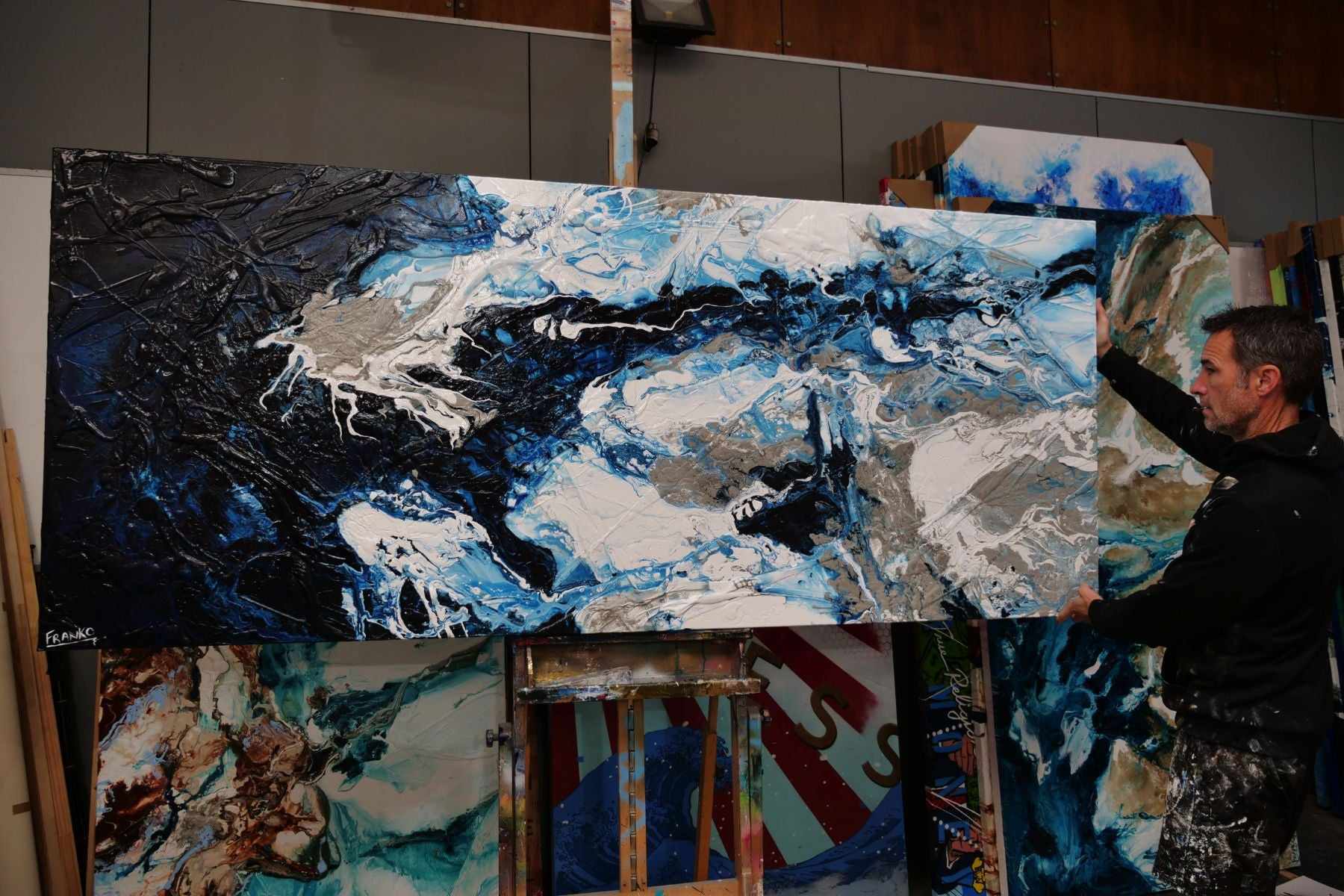 Midnight Rapture 240cm x 100cm Blue Grey White Textured Abstract Painting (SOLD)-Abstract-[Franko_Artist]-[The_Block]-[Dream_Homes]-[ideas]- [Grand_Designs]-Franklin Art Studio