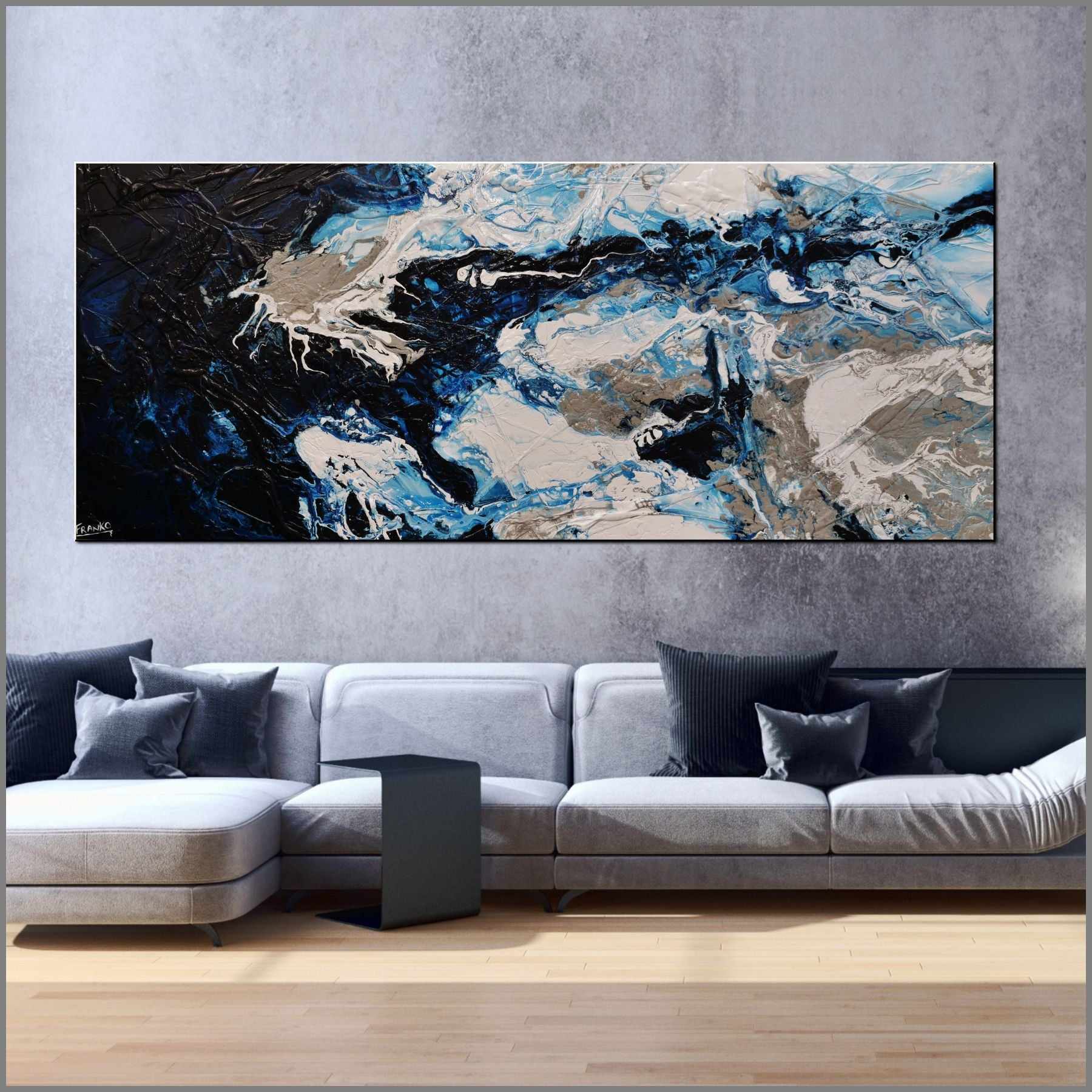 Midnight Rapture 240cm x 100cm Blue Grey White Textured Abstract Painting (SOLD)-Abstract-[Franko_Artist]-[Australian_artist]-[Gold_Coast]-[Brisbane]-[modern]-[contemporary]-[original]-[Large_artwork]-[The_Block]-[Dream_Homes]-[ideas]-[Grand_Designs]-[Art_Lover]-Franklin Art Studio