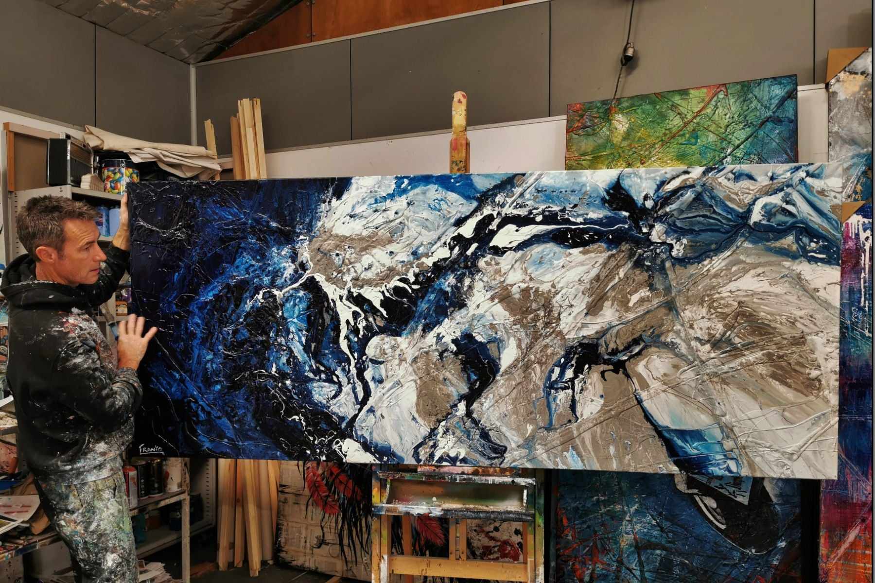 Midnight Romantic 240cm x 100cm Blue Cream Textured Abstract Painting (SOLD)-Abstract-[Franko_Artist]-[The_Block]-[Dream_Homes]-[ideas]- [Grand_Designs]-Franklin Art Studio
