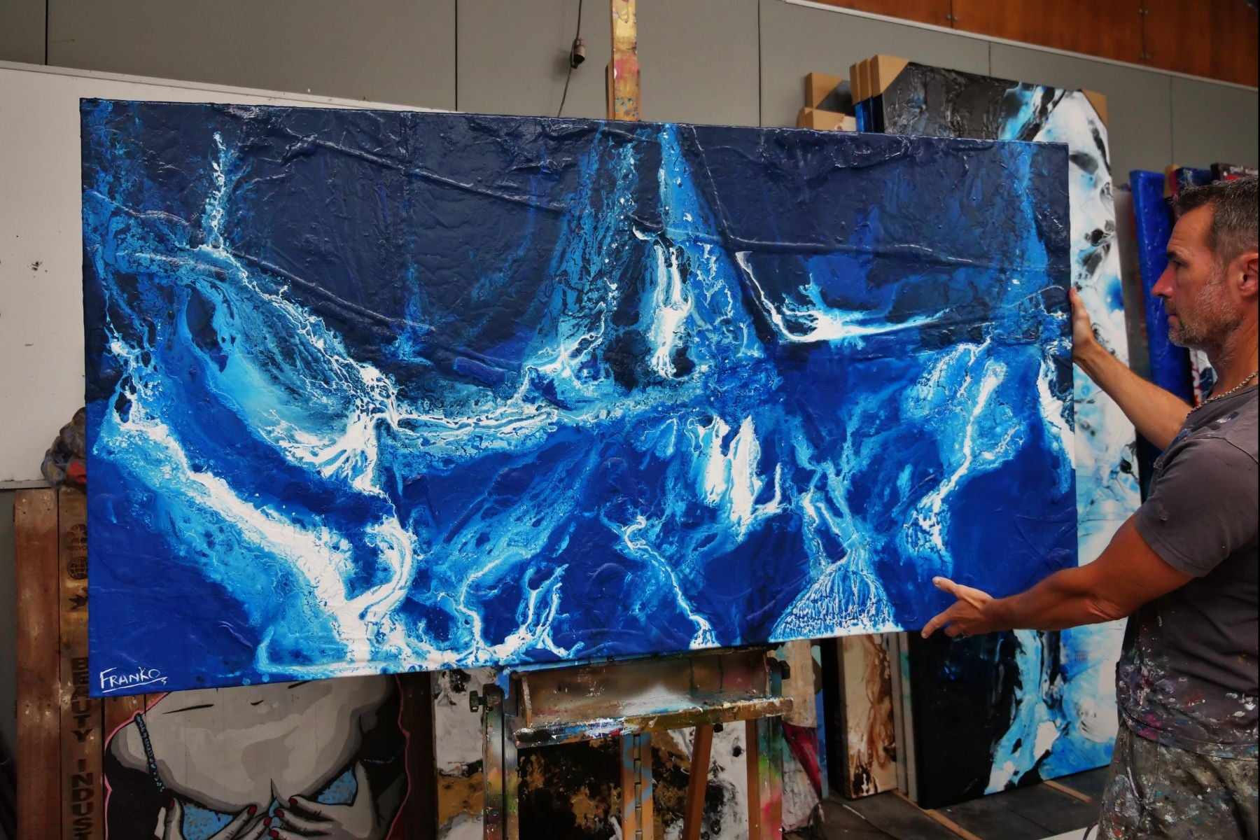 Midnight Sapphire 190cm x 100cm Blue White Textured Abstract Painting (SOLD)-Abstract-[Franko_Artist]-[The_Block]-[Dream_Homes]-[ideas]- [Grand_Designs]-Franklin Art Studio