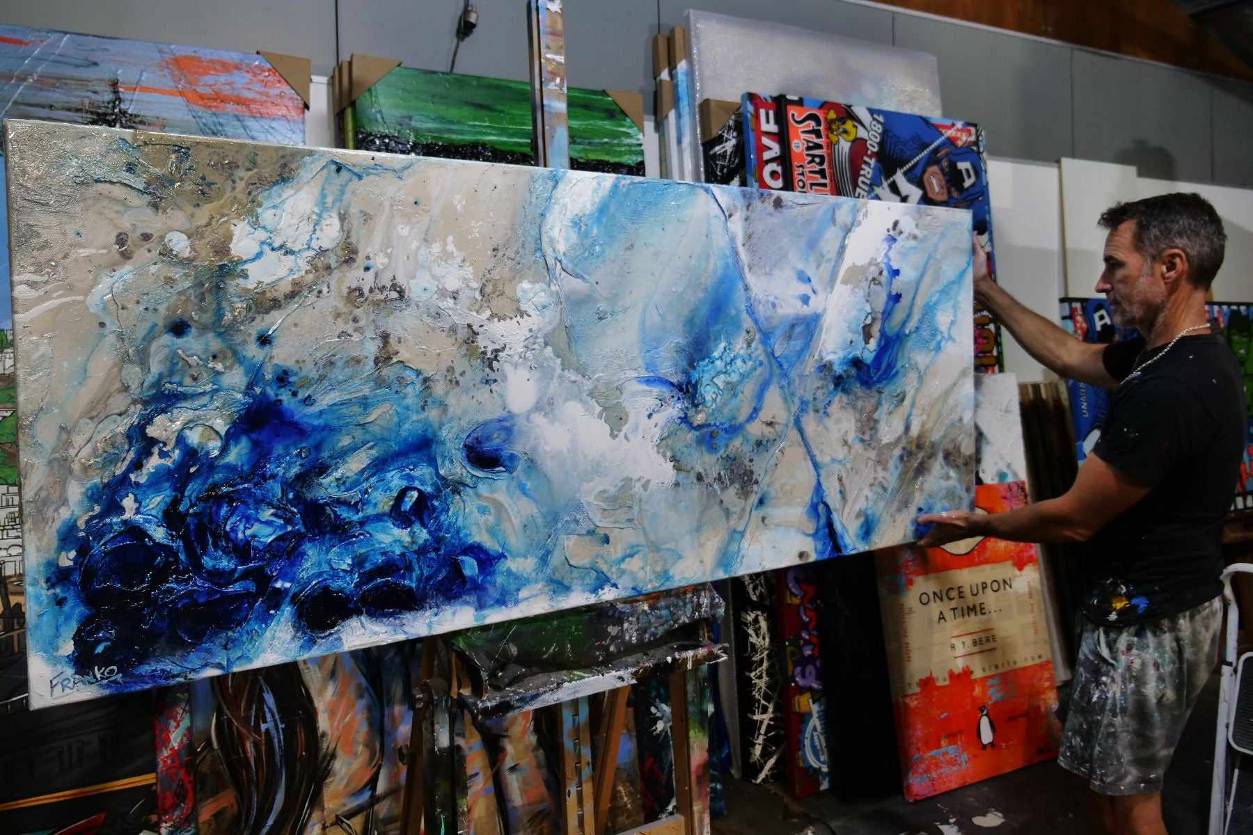 Midnight at the Oasis 200cm x 80cm Cream Blue Textured Abstract Painting (SOLD)-Abstract-[Franko_Artist]-[The_Block]-[Dream_Homes]-[ideas]- [Grand_Designs]-Franklin Art Studio
