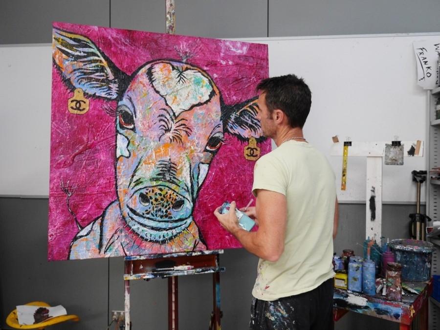Mini Moo Moo Bobby 120cm x 120cm Pink Cow Painting (SOLD)-abstract realism-[Franko_Artist]-[The_Block]-[Dream_Homes]-[ideas]-[Grand_Designs]-[Art_Lover]-Franklin Art Studio