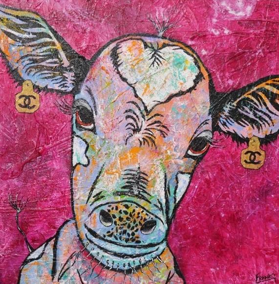 Mini Moo Moo Bobby 120cm x 120cm Pink Cow Painting (SOLD)-abstract realism-[Franko_Artist]-[Australian_artist]-[Gold_Coast]-[Brisbane]-[modern]-[contemporary]-[original]-[Large_artwork]-Franklin Art Studio