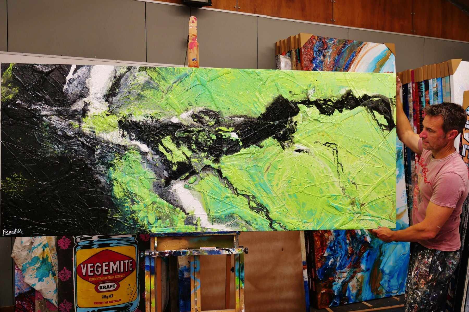 Minty Lime 240cm x 100cm Green Black Textured Abstract Painting-Abstract-[Franko]-[Australian]-[Popular]-[Best Selling]-Franklin Art Studio