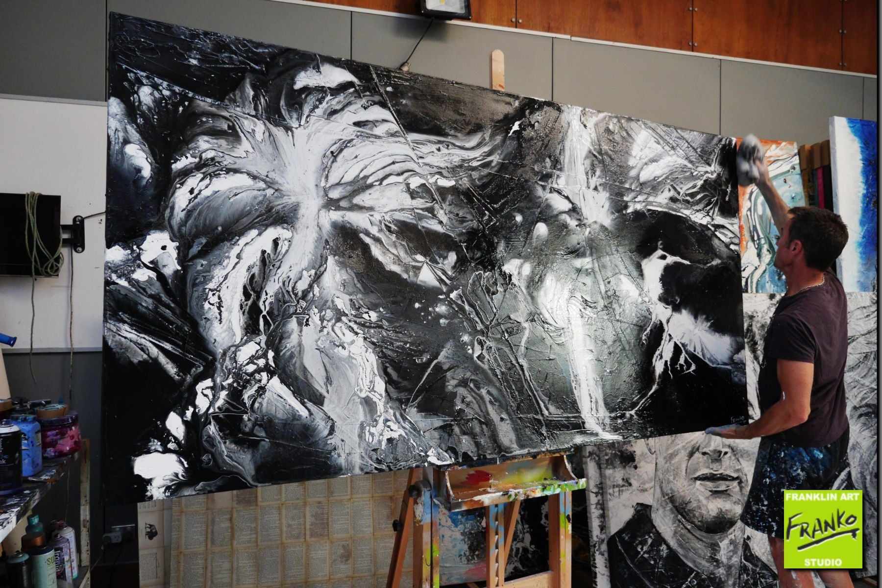 Misty 240cm x 120cm White Black Textured Abstract Painting (SOLD)-Abstract-[Franko_Artist]-[The_Block]-[Dream_Homes]-[ideas]-[Grand_Designs]-[Art_Lover]-Franklin Art Studio