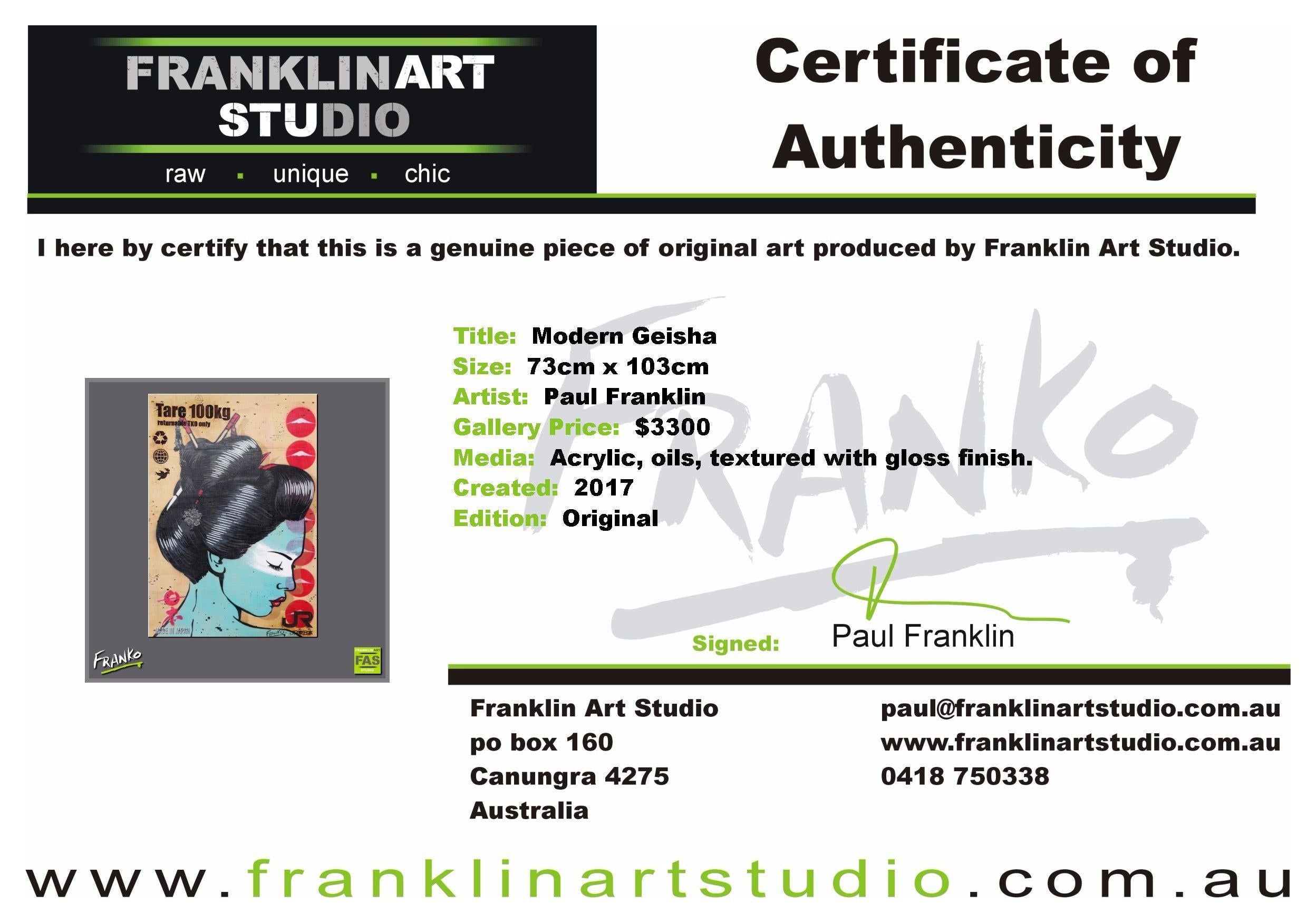 Modern Geisha 73cm x 103cm Geisha Recycled Palette with Laser Embossing (SO COOL!!) Pop Art Painting (SOLD)-urban pop-[Franko_Artist]-[The_Block]-[Dream_Homes]-[ideas]-[Grand_Designs]-[Art_Lover]-Franklin Art Studio