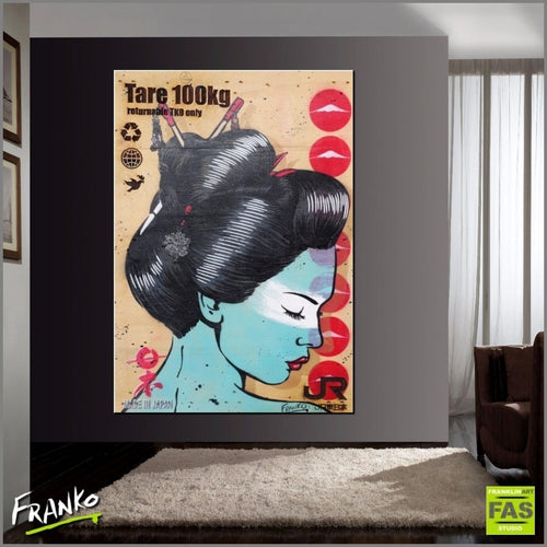 Modern Geisha 73cm x 103cm Geisha Recycled Palette with Laser Embossing (SO COOL!!) Pop Art Painting (SOLD)-urban pop-[Franko_Artist]-[Australian_artist]-[Gold_Coast]-[Brisbane]-[modern]-[contemporary]-[original]-[Large_artwork]-[The_Block]-[Dream_Homes]-[ideas]-[Grand_Designs]-[Art_Lover]-Franklin Art Studio