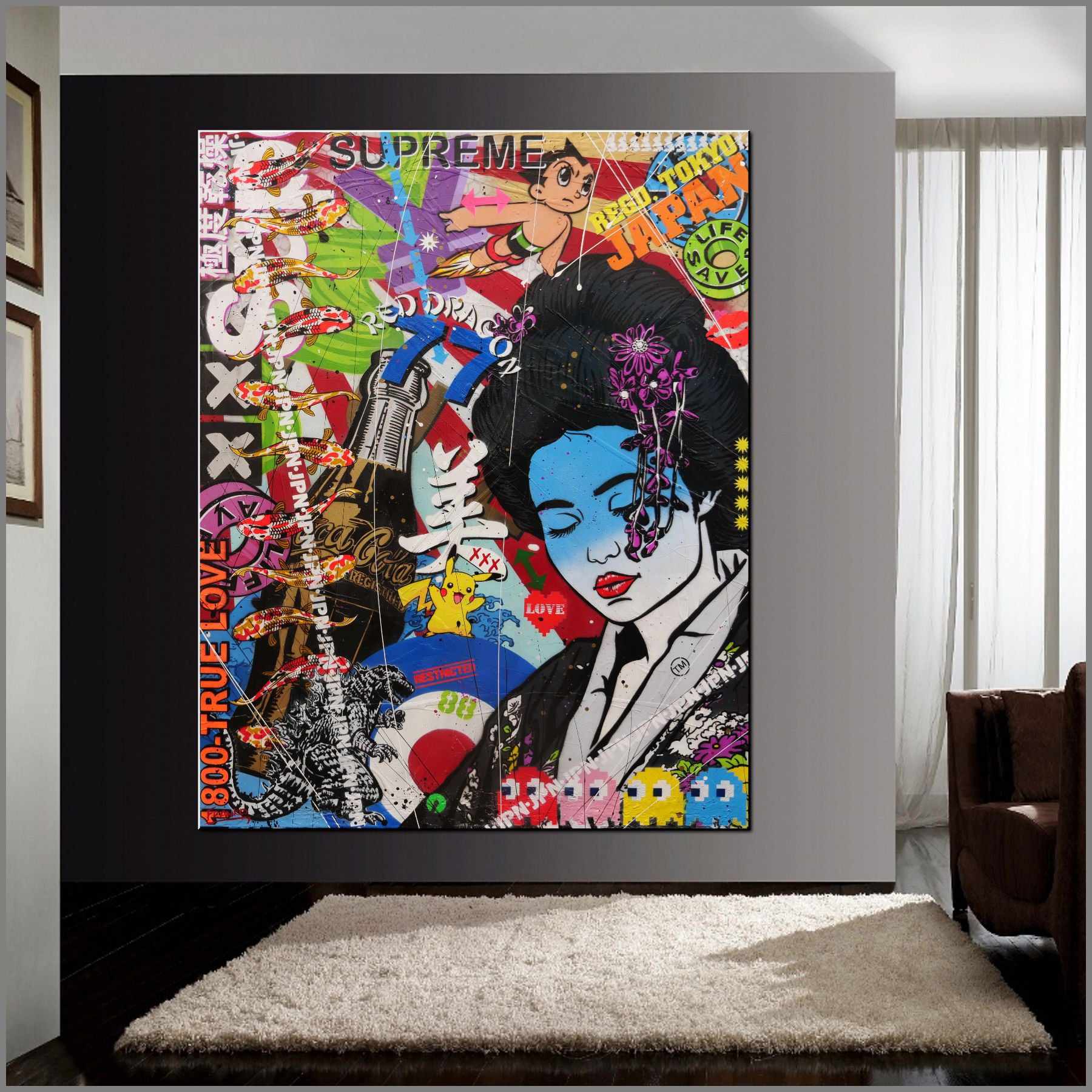 Modern Pop Geisha 120cm x 150cm Geisha Textured Urban Pop Art Painting (SOLD)-Urban Pop Art-[Franko_Artist]-[Australian_artist]-[Gold_Coast]-[Brisbane]-[modern]-[contemporary]-[original]-[Large_artwork]-[The_Block]-[Dream_Homes]-[ideas]-[Grand_Designs]-[Art_Lover]-Franklin Art Studio
