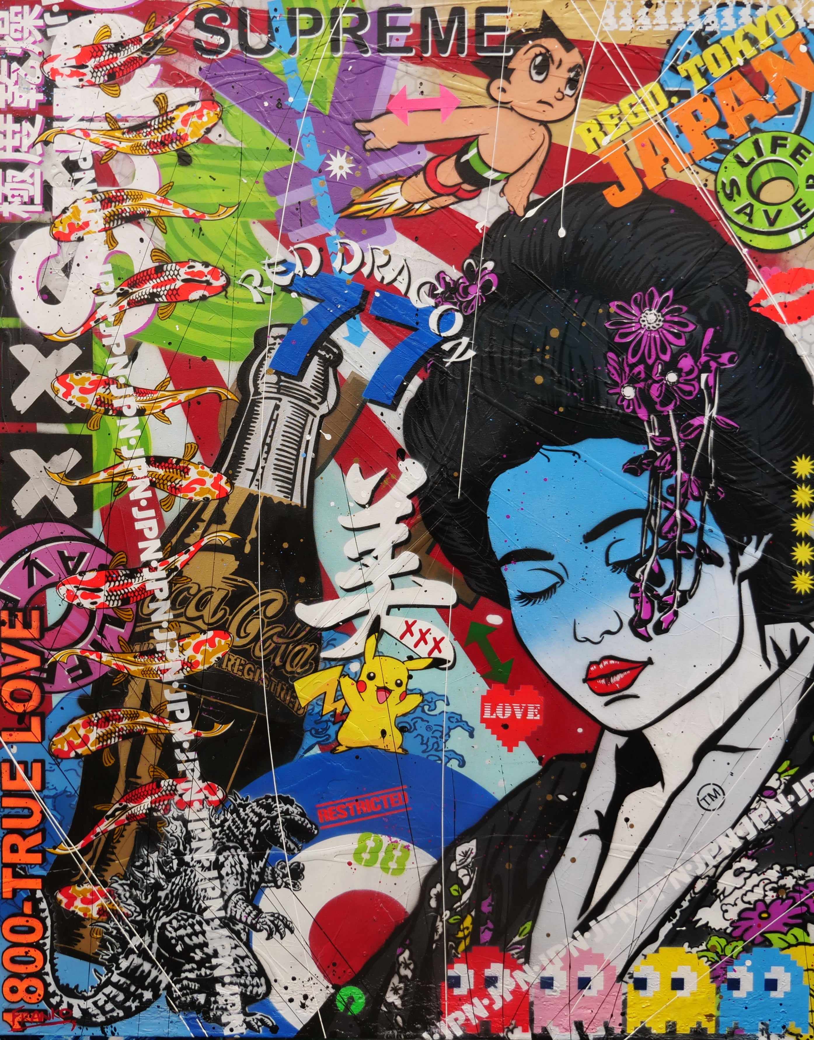Modern Pop Geisha 120cm x 150cm Geisha Textured Urban Pop Art Painting (SOLD)-Urban Pop Art-[Franko_Artist]-[Australian_artist]-[Gold_Coast]-[Brisbane]-[modern]-[contemporary]-[original]-[Large_artwork]-Franklin Art Studio