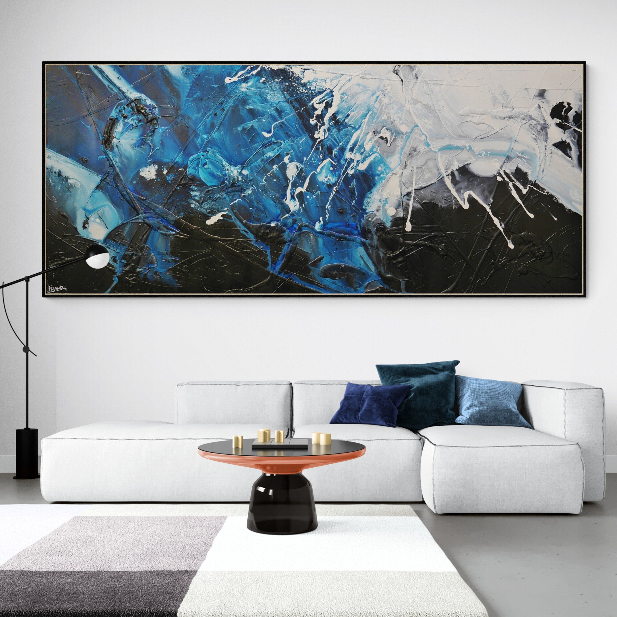 Black and Blue 270cm x 120cm Black Blue White Textured Abstract Painting (SOLD)-Abstract-[Franko_Artist]-[The_Block]-[Dream_Homes]-[ideas]-[Grand_Designs]-[Art_Lover]-Franklin Art Studio