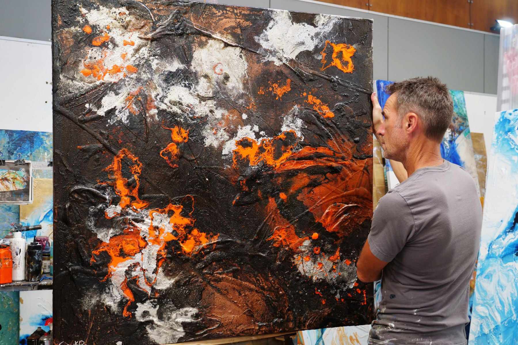 Molten 120cm x 120cm Orange Brown Silver Textured Abstract Painting (SOLD)-Abstract-[Franko_Artist]-[The_Block]-[Dream_Homes]-[ideas]- [Grand_Designs]-Franklin Art Studio