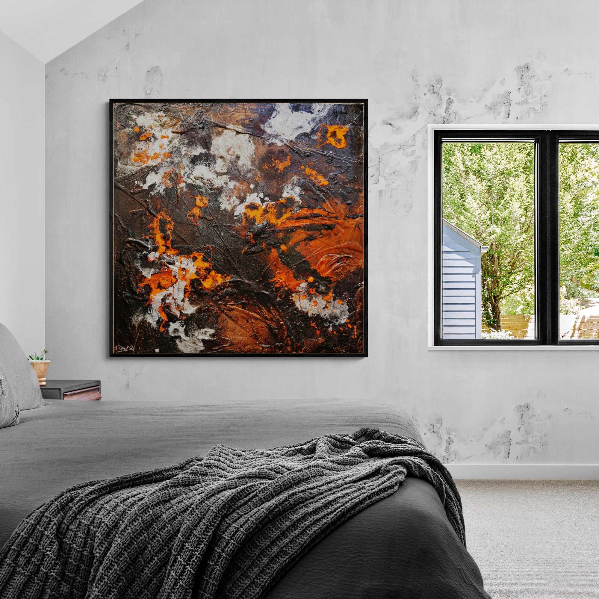 Molten 120cm x 120cm Orange Brown Silver Textured Abstract Painting (SOLD)-Abstract-[Franko_Artist]-[The_Block]-[Dream_Homes]-[ideas]-[Grand_Designs]-[Art_Lover]-Franklin Art Studio