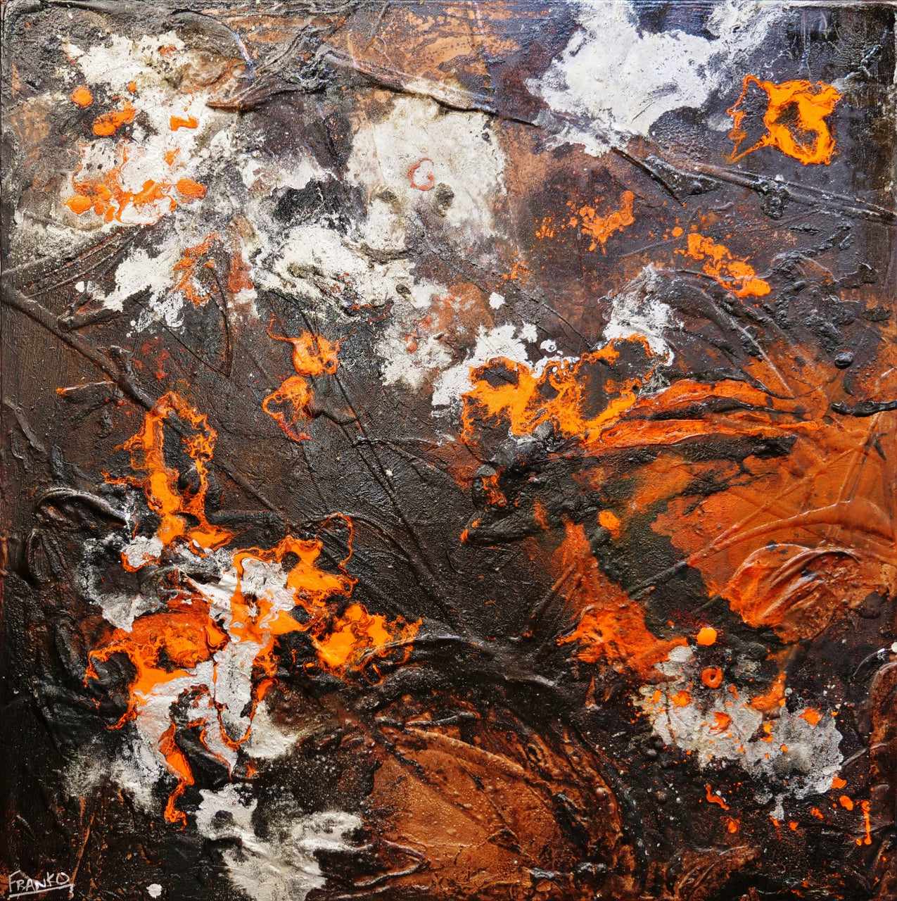 Molten 120cm x 120cm Orange Brown Silver Textured Abstract Painting (SOLD)-Abstract-[Franko_Artist]-[Australian_artist]-[Gold_Coast]-[Brisbane]-[modern]-[contemporary]-[original]-[Large_artwork]-Franklin Art Studio