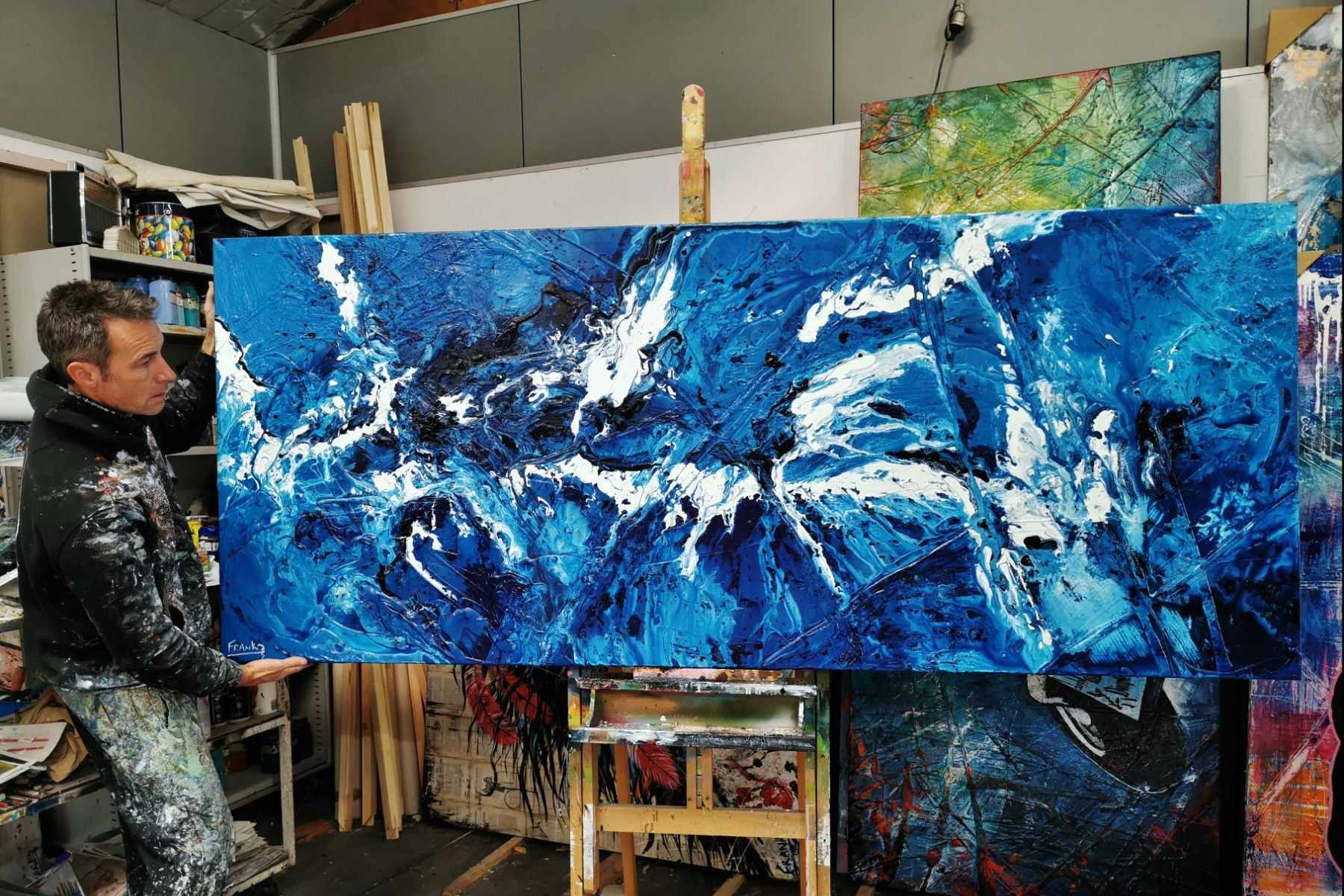 Molten Blue 240cm x 100cm Blue White Textured Abstract Painting (SOLD)-Abstract-[Franko_Artist]-[The_Block]-[Dream_Homes]-[ideas]- [Grand_Designs]-Franklin Art Studio