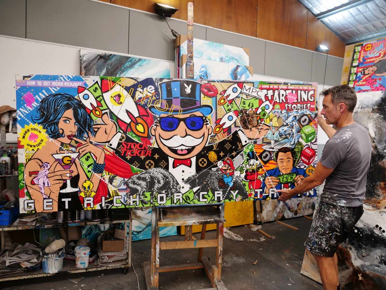 update alt-text with template Money Never Sleeps 240cm x 100cm Monopoly Man Textured Urban Pop Art Painting (SOLD)-Urban Pop Art-[Franko_Artist]-[The_Block]-[Dream_Homes]-[ideas]- [Grand_Designs]-Franklin Art Studio