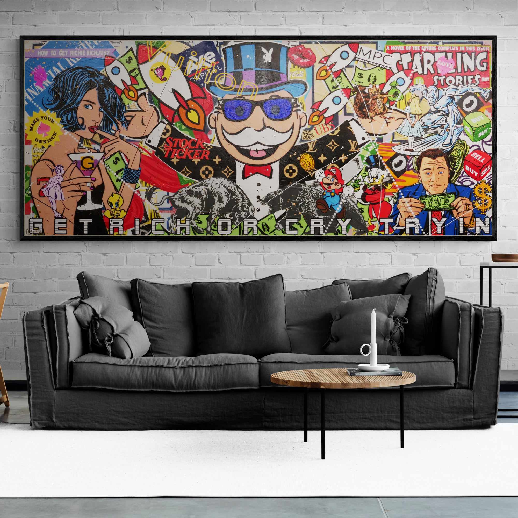 Money Never Sleeps 240cm x 100cm Monopoly Man Textured Urban Pop Art Painting (SOLD)-Urban Pop Art-[Franko_Artist]-[Australian_artist]-[Gold_Coast]-[Brisbane]-[modern]-[contemporary]-[original]-[Large_artwork]-[The_Block]-[Dream_Homes]-[ideas]-[Grand_Designs]-[Art_Lover]-Franklin Art Studio