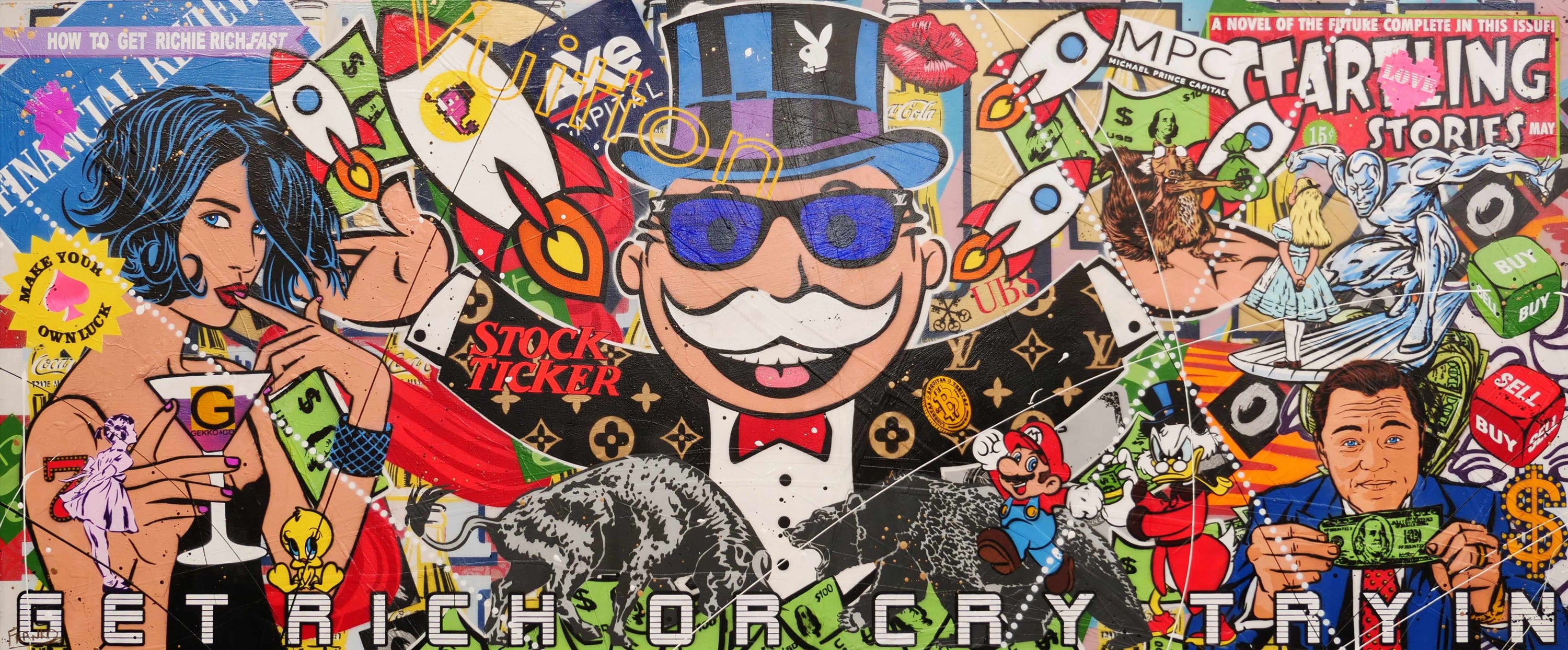 Money Never Sleeps 240cm x 100cm Monopoly Man Textured Urban Pop Art Painting (SOLD)-Urban Pop Art-[Franko_Artist]-[Australian_artist]-[Gold_Coast]-[Brisbane]-[modern]-[contemporary]-[original]-[Large_artwork]-Franklin Art Studio