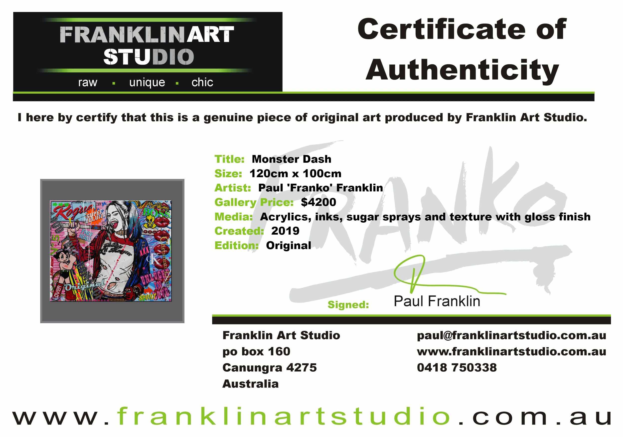 Monster Dash 120cm x 100cm Harley Quinn Textured Urban Pop Art Painting (SOLD)-urban pop-[Franko_Artist]-[The_Block]-[Dream_Homes]-[ideas]-[Grand_Designs]-[Art_Lover]-Franklin Art Studio