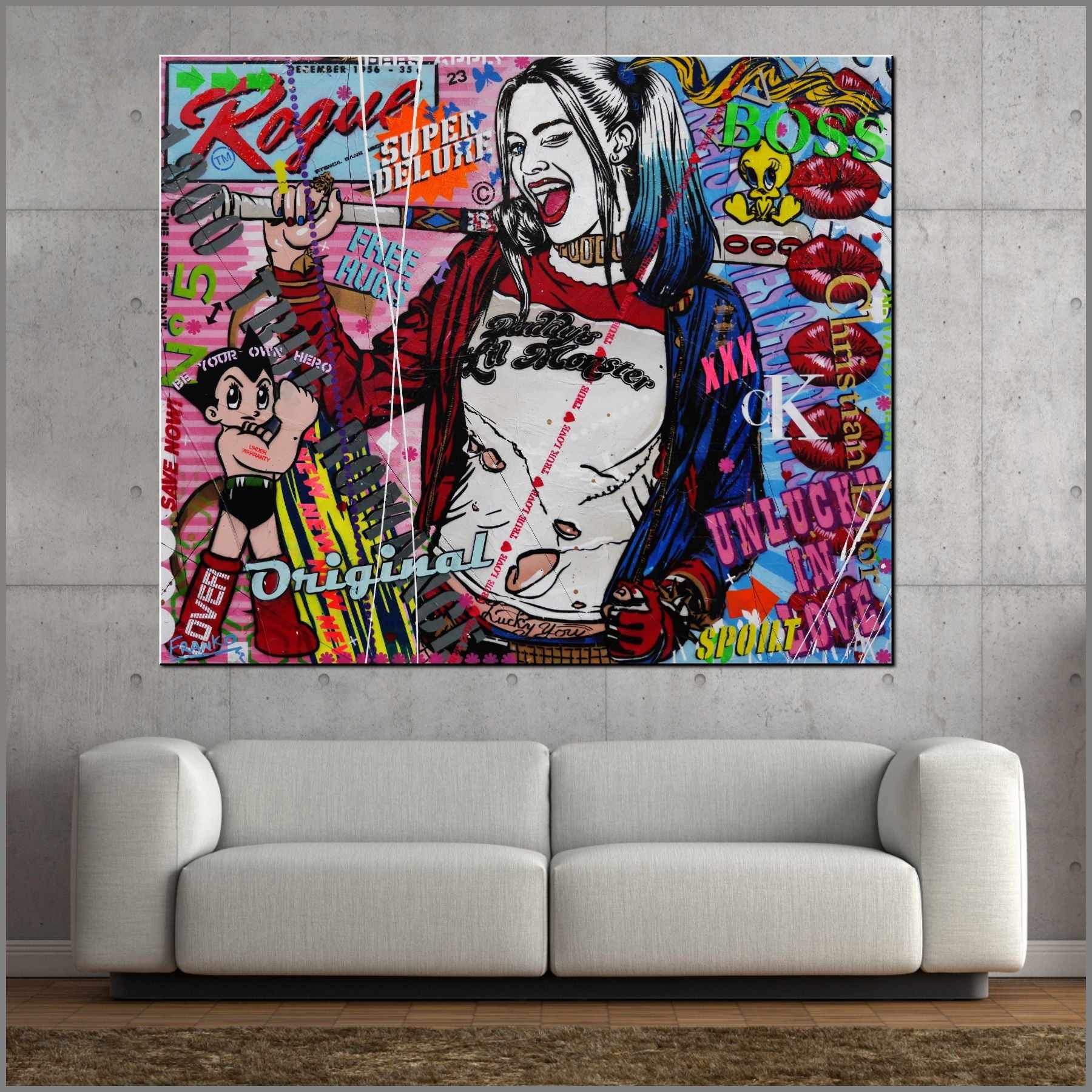 Monster Dash 120cm x 100cm Harley Quinn Textured Urban Pop Art Painting (SOLD)-urban pop-[Franko_Artist]-[Australian_artist]-[Gold_Coast]-[Brisbane]-[modern]-[contemporary]-[original]-[Large_artwork]-[The_Block]-[Dream_Homes]-[ideas]-[Grand_Designs]-[Art_Lover]-Franklin Art Studio