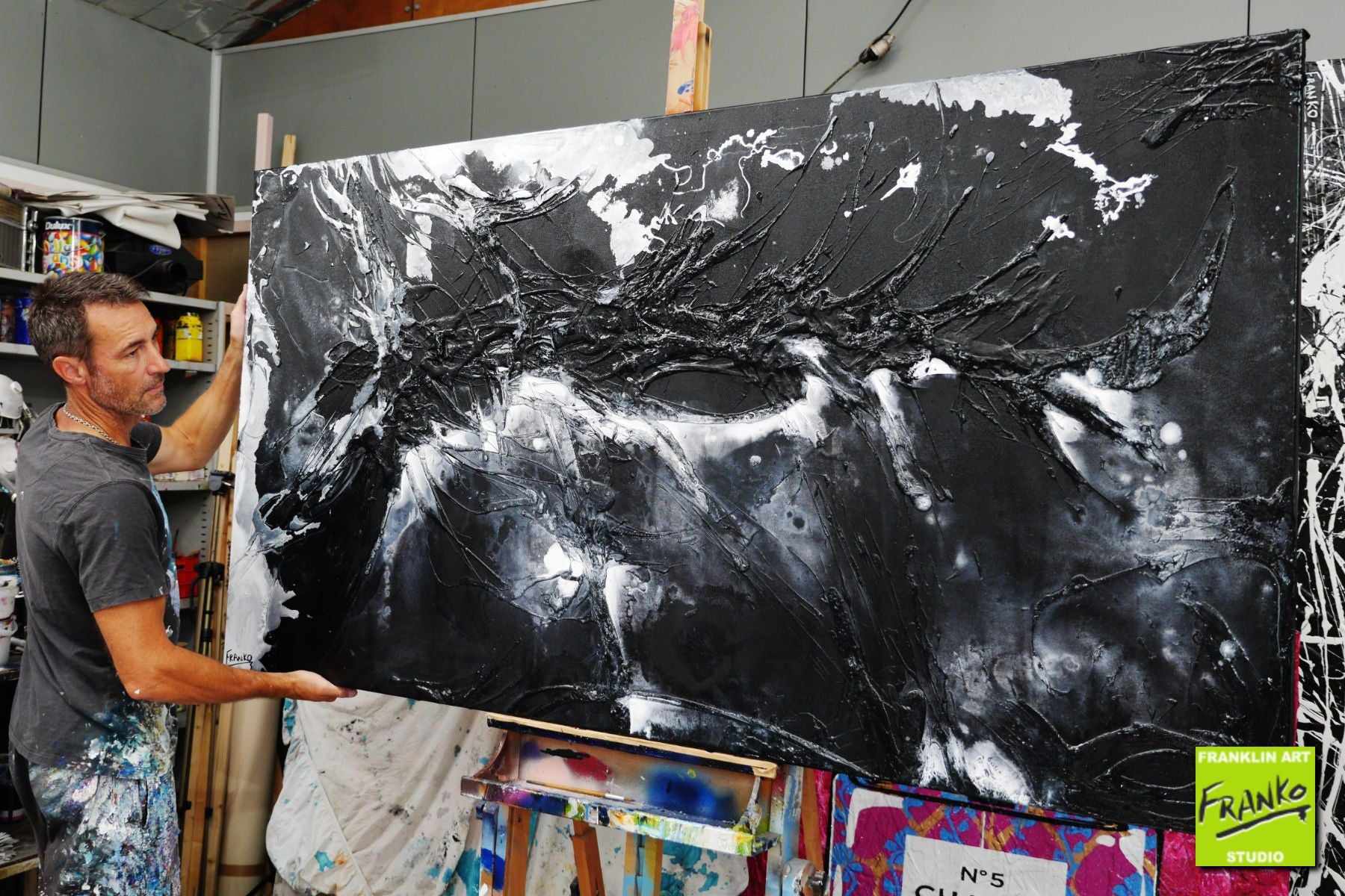 Moooooooo 190cm x 100cm White Black Textured Abstract Painting (SOLD)-Abstract-[Franko_Artist]-[The_Block]-[Dream_Homes]-[ideas]- [Grand_Designs]-Franklin Art Studio