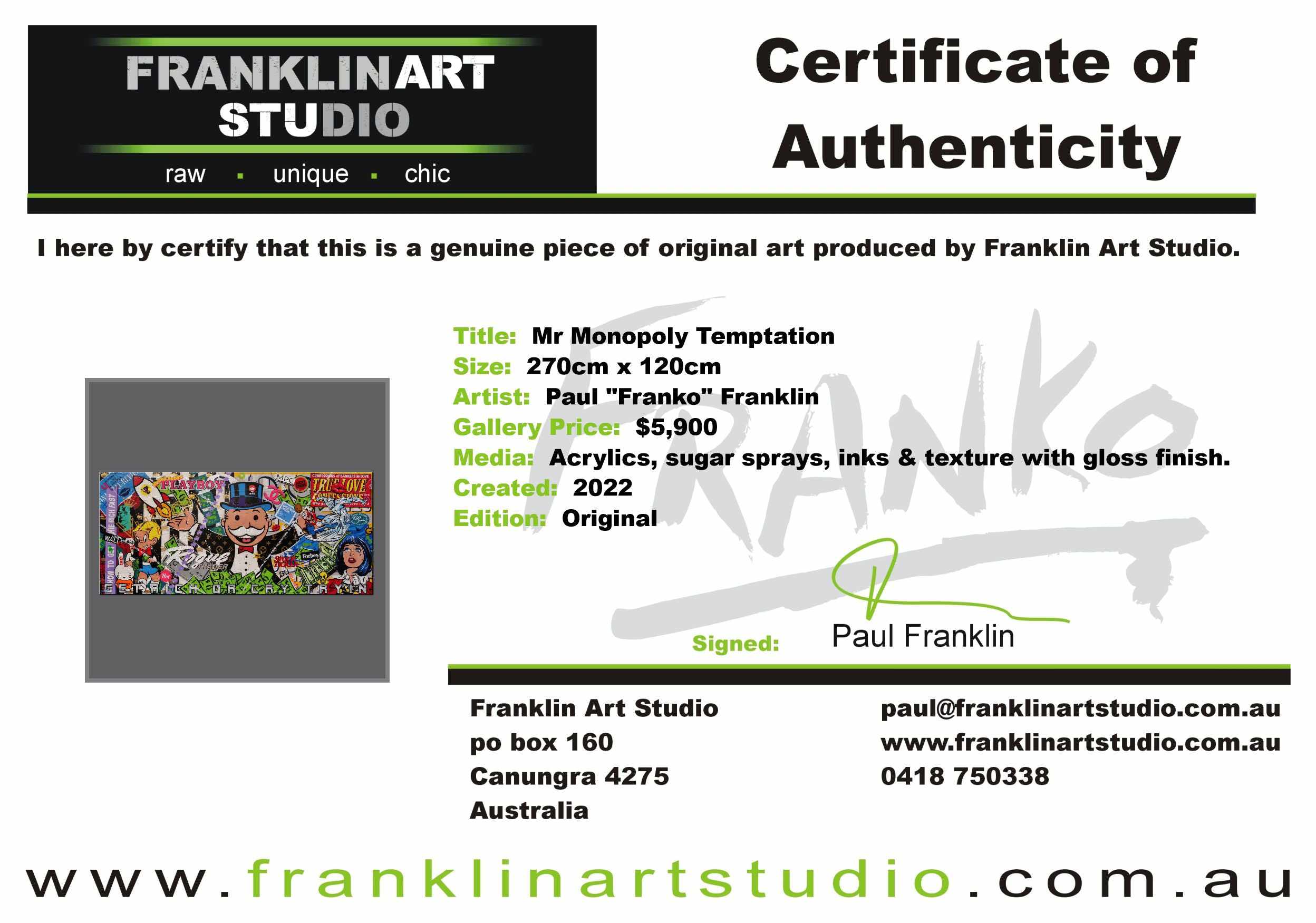 Mr Monopoly Temptation 270cm x 120cm Monopoly Man Textured Urban Pop Art Painting (SOLD)-Urban Pop Art-[Franko_Artist]-[The_Block]-[Dream_Homes]-[ideas]- [Grand_Designs]-Franklin Art Studio