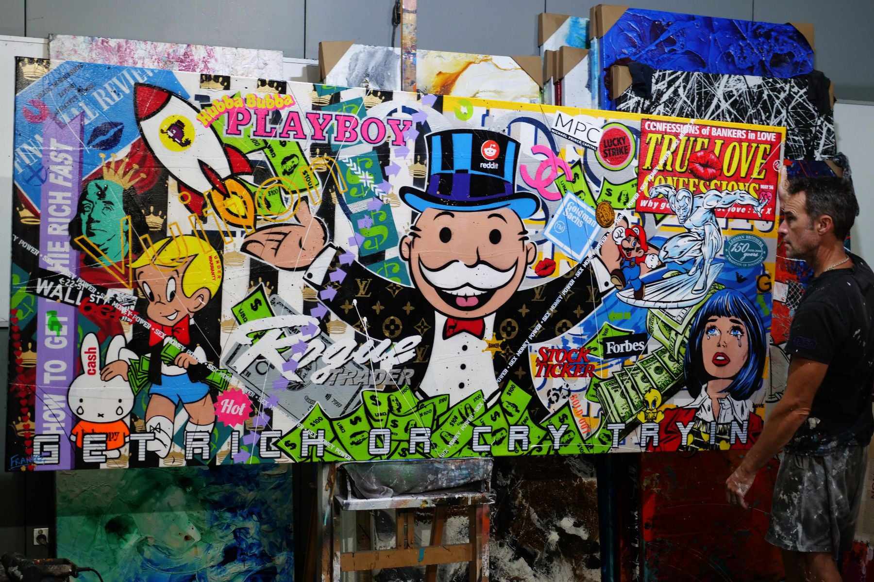 Mr Monopoly Temptation 270cm x 120cm Monopoly Man Textured Urban Pop Art Painting (SOLD)-Urban Pop Art-[Franko_Artist]-[The_Block]-[Dream_Homes]-[ideas]-[Grand_Designs]-[Art_Lover]-Franklin Art Studio
