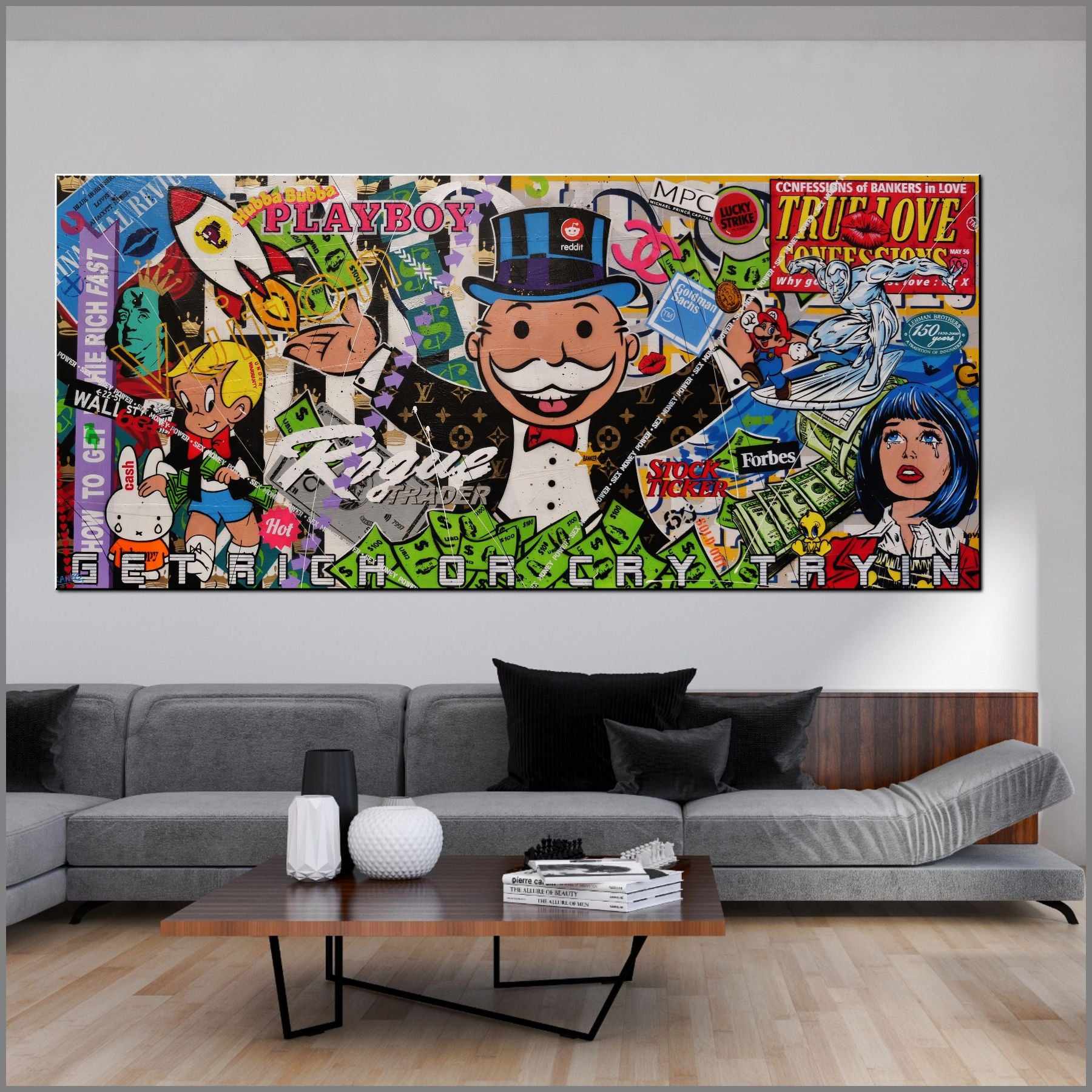 Mr Monopoly Temptation 270cm x 120cm Monopoly Man Textured Urban Pop Art Painting (SOLD)-Urban Pop Art-[Franko_Artist]-[Australian_artist]-[Gold_Coast]-[Brisbane]-[modern]-[contemporary]-[original]-[Large_artwork]-[The_Block]-[Dream_Homes]-[ideas]-[Grand_Designs]-[Art_Lover]-Franklin Art Studio