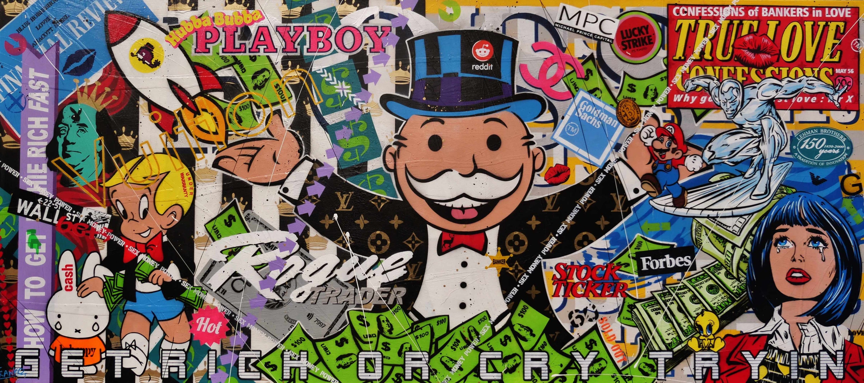 Mr Monopoly Temptation 270cm x 120cm Monopoly Man Textured Urban Pop Art Painting (SOLD)-Urban Pop Art-[Franko_Artist]-[Australian_artist]-[Gold_Coast]-[Brisbane]-[modern]-[contemporary]-[original]-[Large_artwork]-Franklin Art Studio