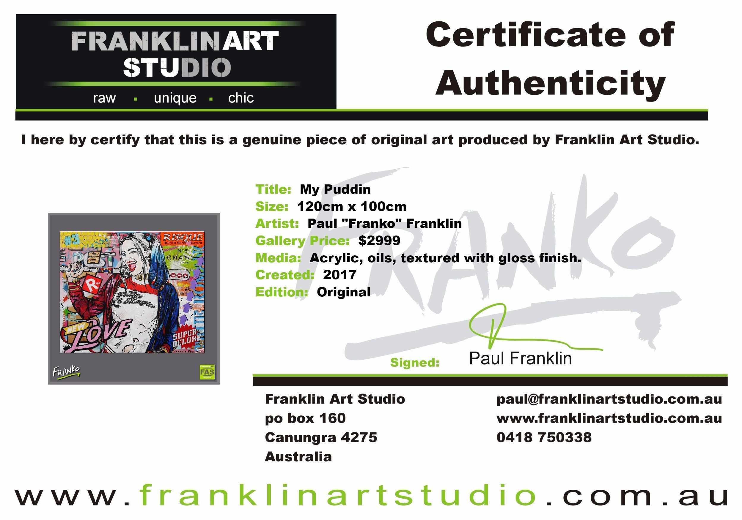 My Puddin 120cm x 100cm Harley Quinn Pop Art Painting (SOLD)-urban pop-[Franko_Artist]-[The_Block]-[Dream_Homes]-[ideas]- [Grand_Designs]-Franklin Art Studio
